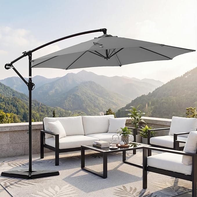 OLIXIS Offset Patio Umbrella, 9.7FT Cantilever Table Umbrellas for Outdoor Sun Shade UV Protection with Easy Tilt Adjustment, 8 Ribs for Backyard, Lawn, Garden, Pool - Grey