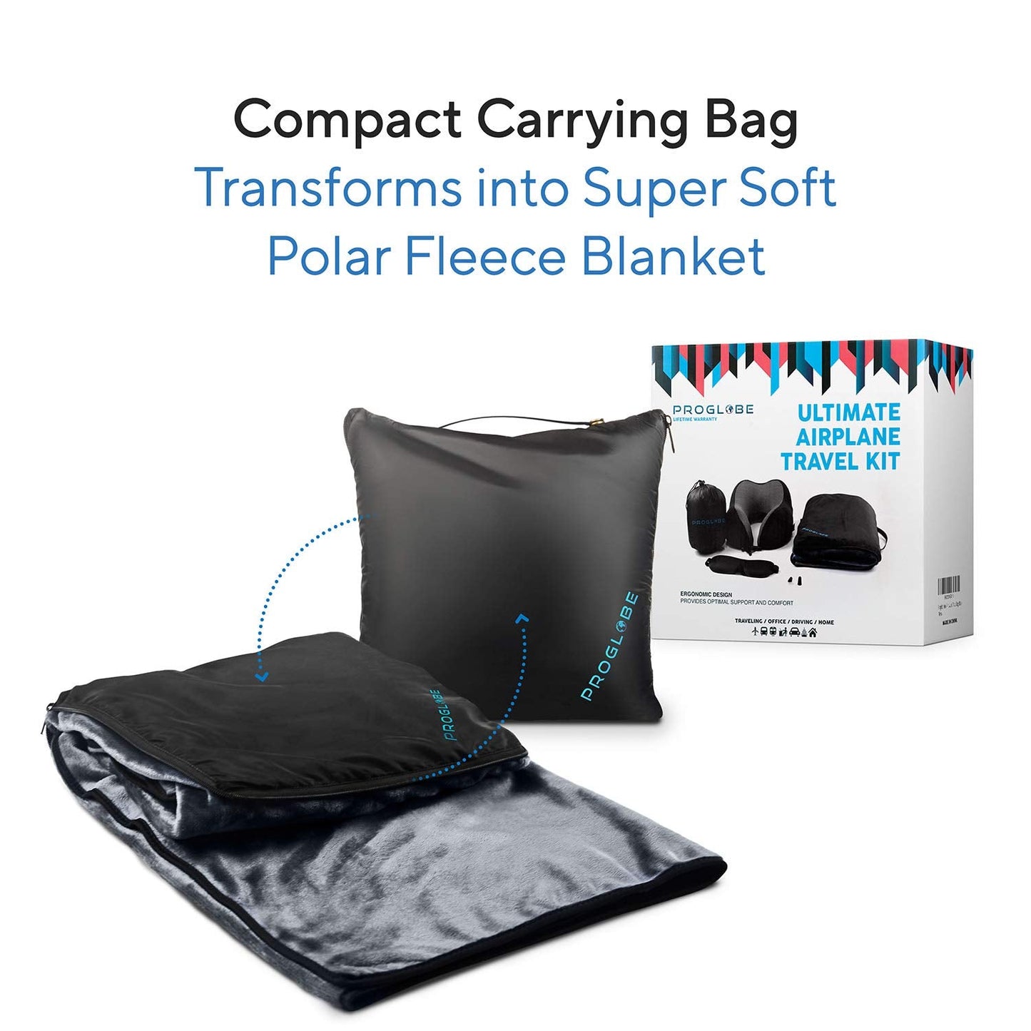 Proglobe Travel Blanket Luxury Travel Set, Ergonomic Airplane Neck Pillow 100% Memory Foam and Super Soft Fleece Blanket, Premium 3D Sleep Mask & Earplugs, Black