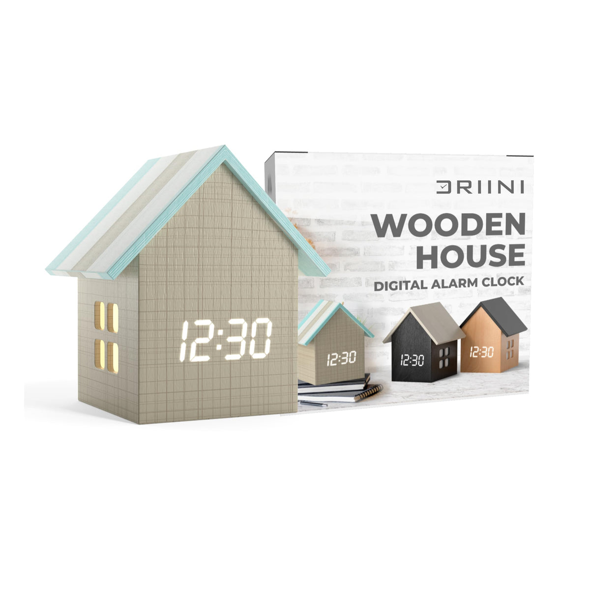 Driini Digital House Shaped Alarm Clock with Temperature Display (Stripe Wood) – Modern Aesthetic - Cute Cube Frame and White LED Dimmer - Perfect Small Desk Clock for Bedside Table or Bedroom Mantle