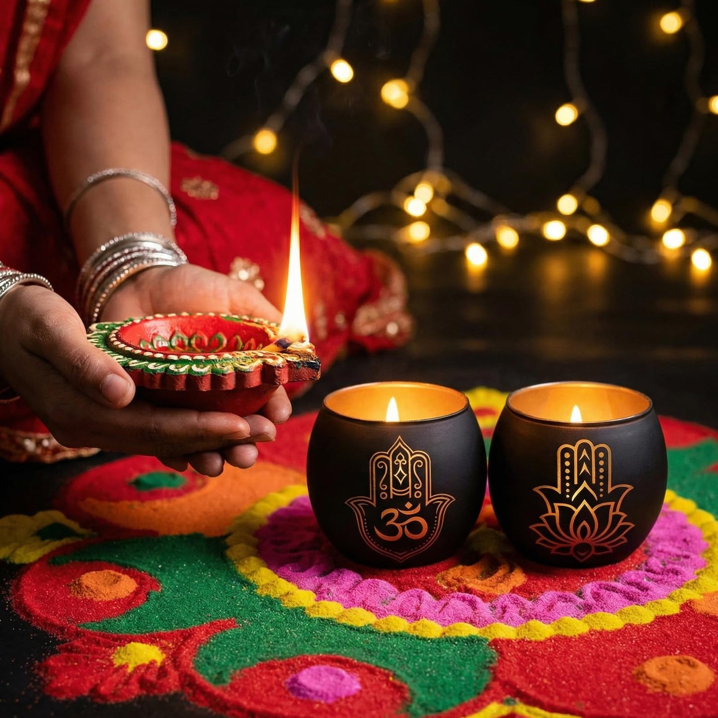 Hamsa Hand & Lotus Candle Holder Set of 2, Black and Gold Glass Votive Tealight Holders for Zen Meditation Decor, Om Symbol Decor for Yoga Room, Spa Bathroom & Diwali Decorations for Home