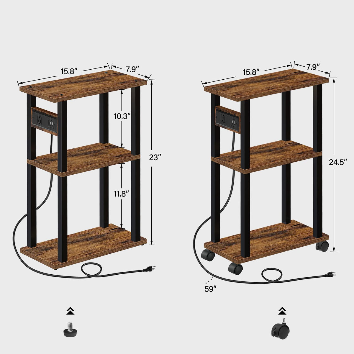 TUTOTAK Small Narrow Side Table with Charging Station, Skinny End Table for Small Spaces, Slim Nightstand with USB Ports and Outlet, Sofa Beside Table with Wheels, Brown TB01BB046