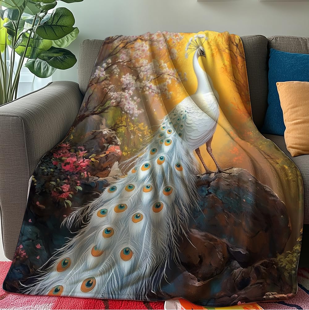 HUNXIAOJ Peacock Throw Blanket Peacock Themed Decor Animal Print Blanket King Size Soft Warm Flannel for Sofa Bed (60 in x 80 in)