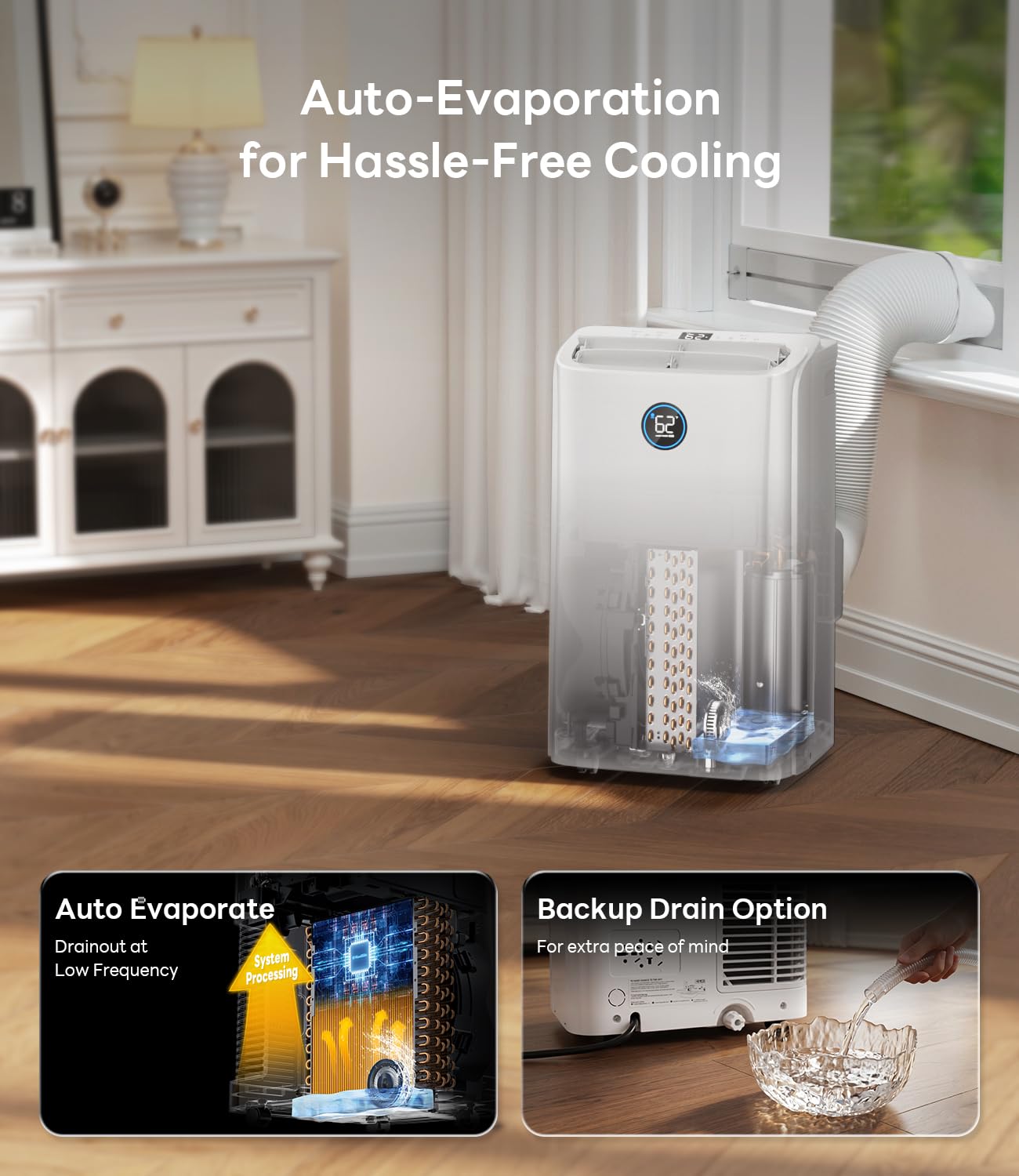 GrowthWing 12,000 BTU Smart WiFi Portable Air Conditioner, Cools up to 550 Sq.Ft, Auto-Evaporation, 3-in-1 Modes, Voice & Remote Control, Quiet Operation, White