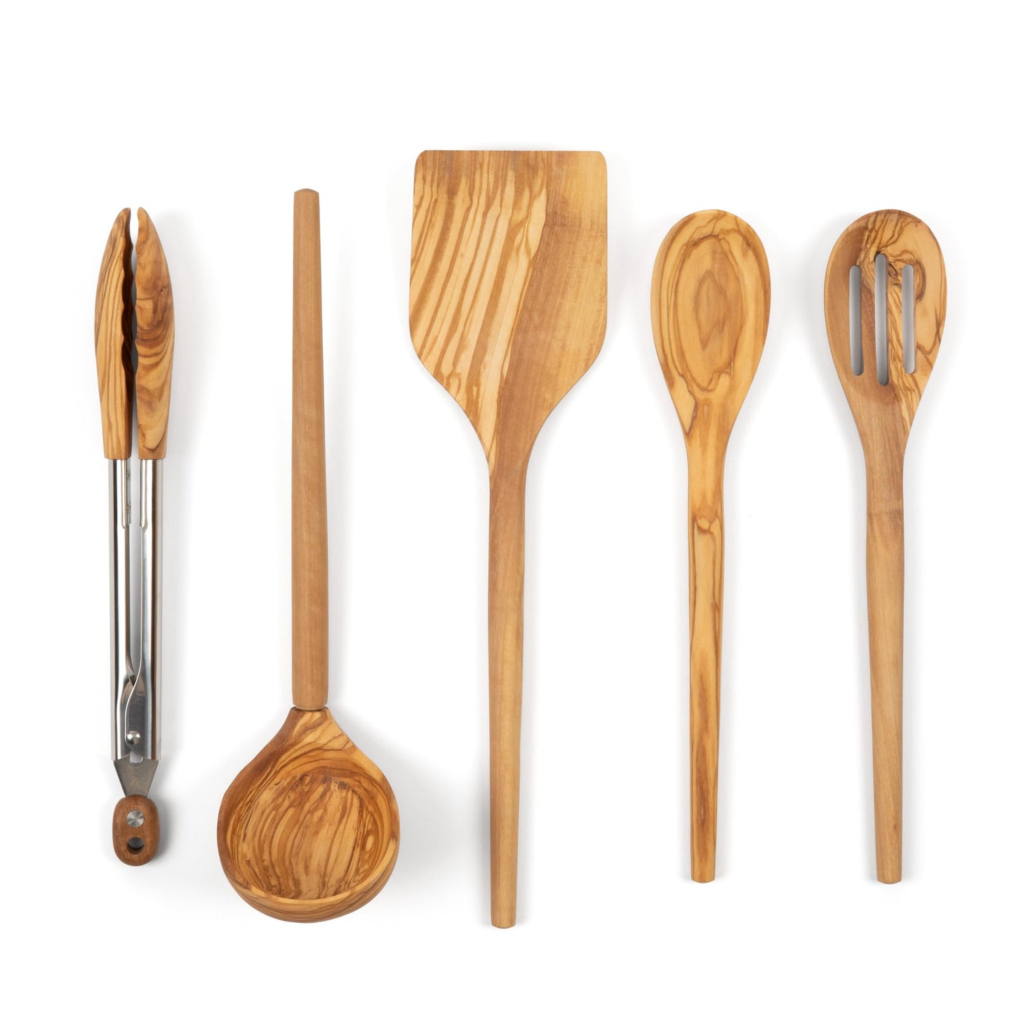 Salt & York 5-Piece Olive Wood Kitchen Utensil Set with Turner, Tongs, Slotted Spoon, Ladle and 12" Spoon, Farmhouse Style Kitchen & Cookware, Ideal for Entertaining, Wedding and Housewarming Gift