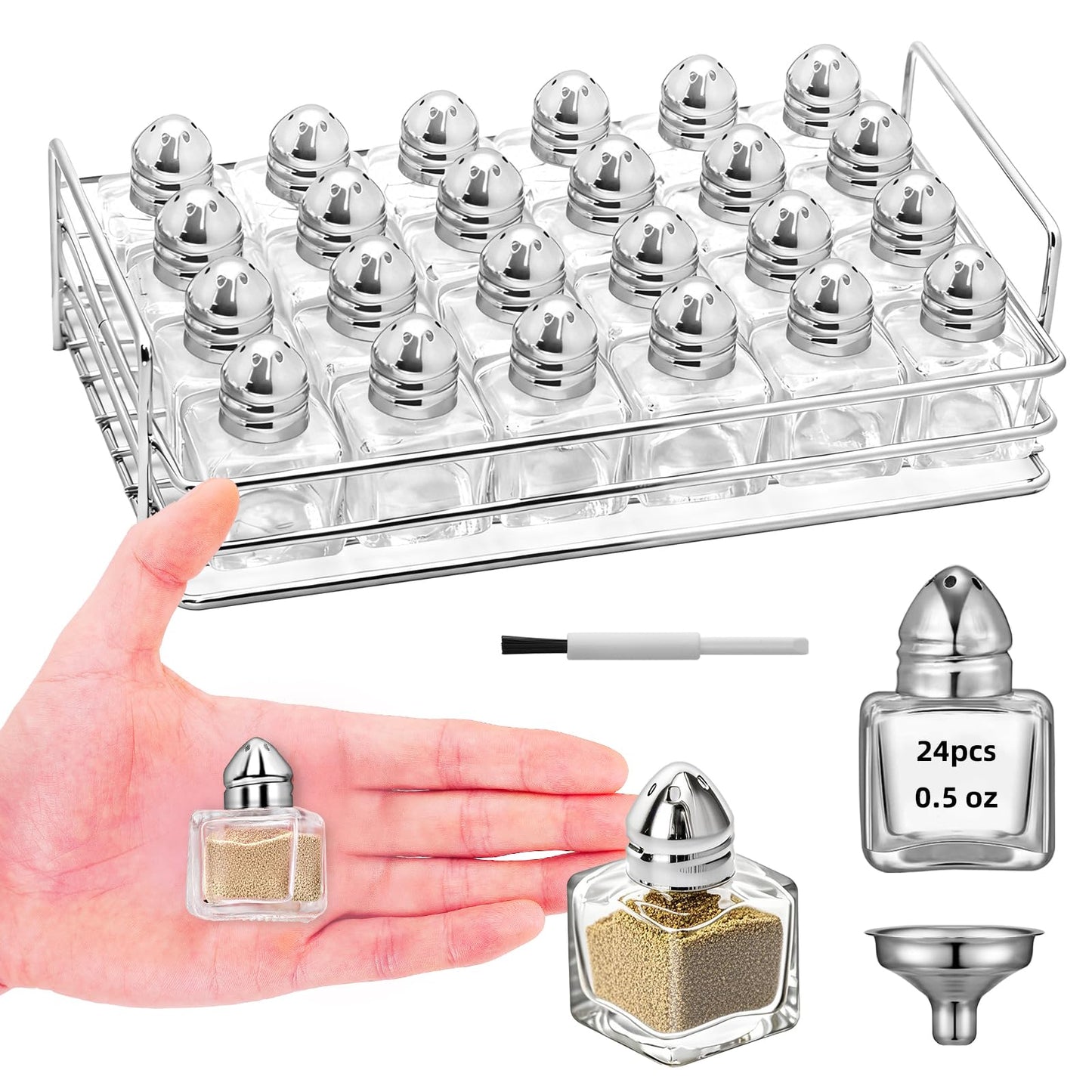 24 Pcs 0.5 oz Cube Shape Small Salt and Pepper Shakers Clear Mini Glass Seasoning Jars Spice Salt Shakers with Funnel and Storage Rack for Wedding Party Restaurant Home Kitchen (Silver)