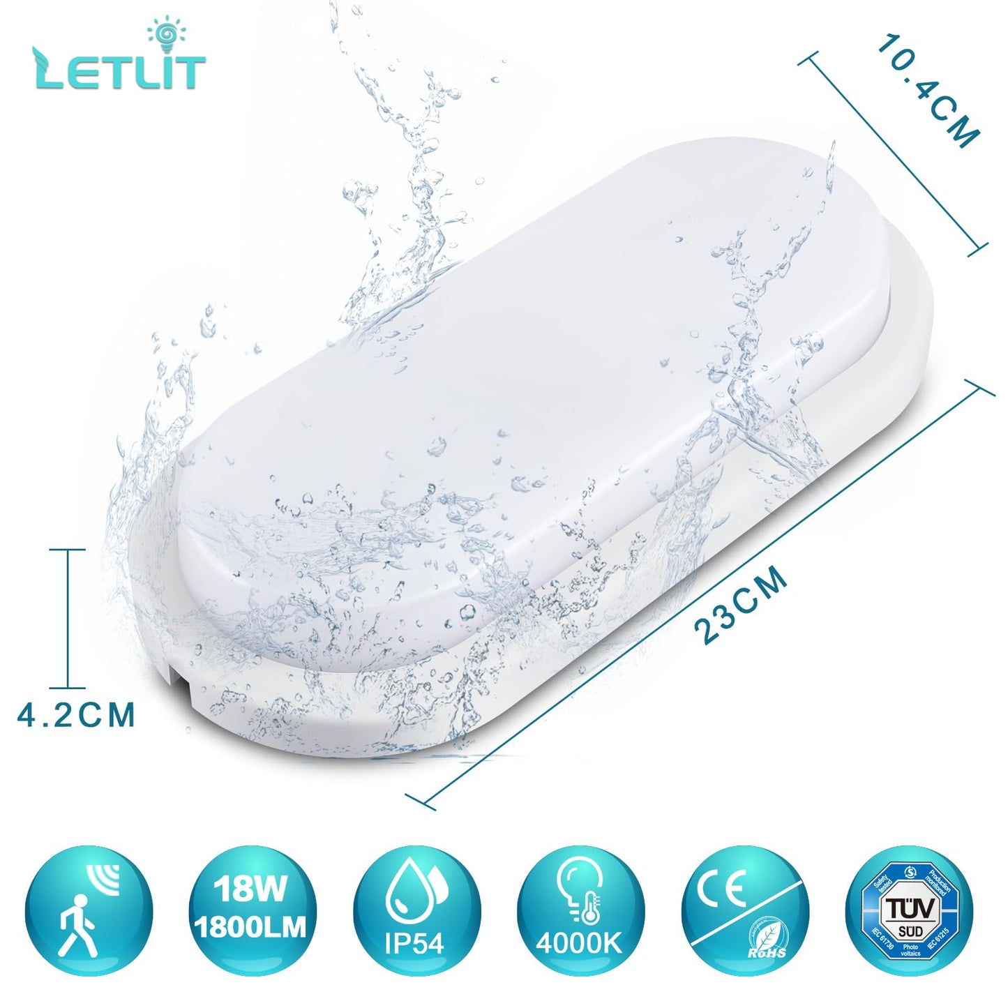 Letlit LED Ceiling Light with Motion and Twilight Sensor, 18W LED Bulkhead Light Outside, IP54 Bathroom Wall Light, 1800LM 4000K Porch Light Radar Sensor for Indoor,Outdoor,Hallway,Cellar,Garden