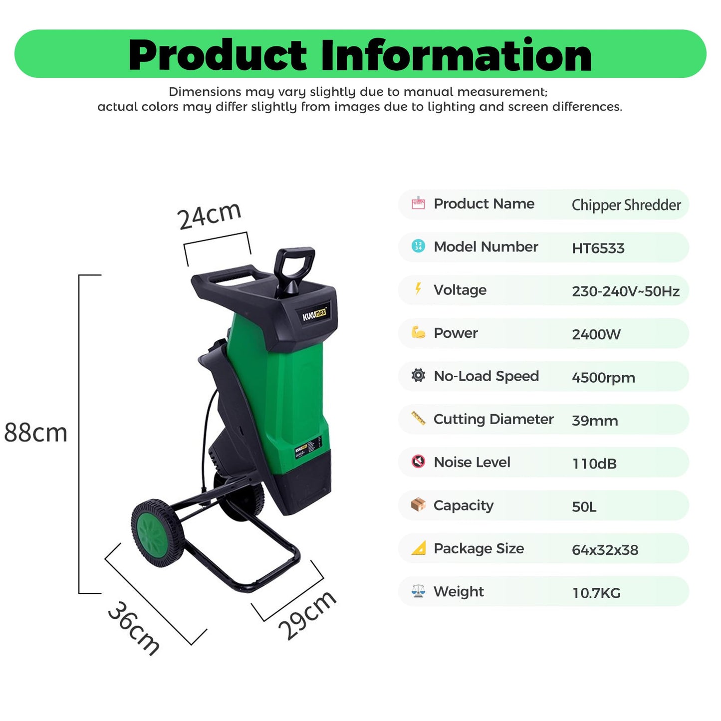 ZHDANB Wood Shredder, Mulching Machine, 40mm/1,57in Branch Chipper, 50L Collection Bag, Home Garden Shredder Electric, for Processing Branches, Sticks & Yard Waste Green