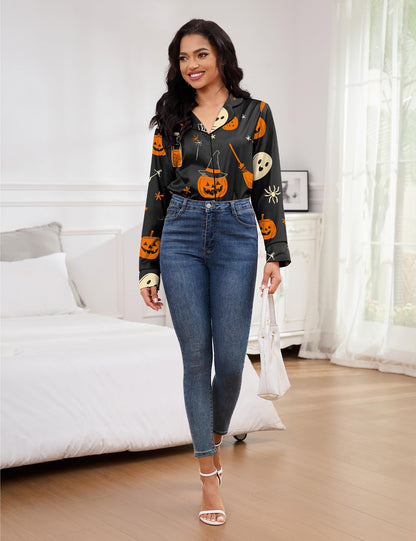 SHESHOW Funny Halloween Pajamas Women Satin Pajama Long Sleeve 2 Piece Sets Cute Halloween Pjs Women Black M