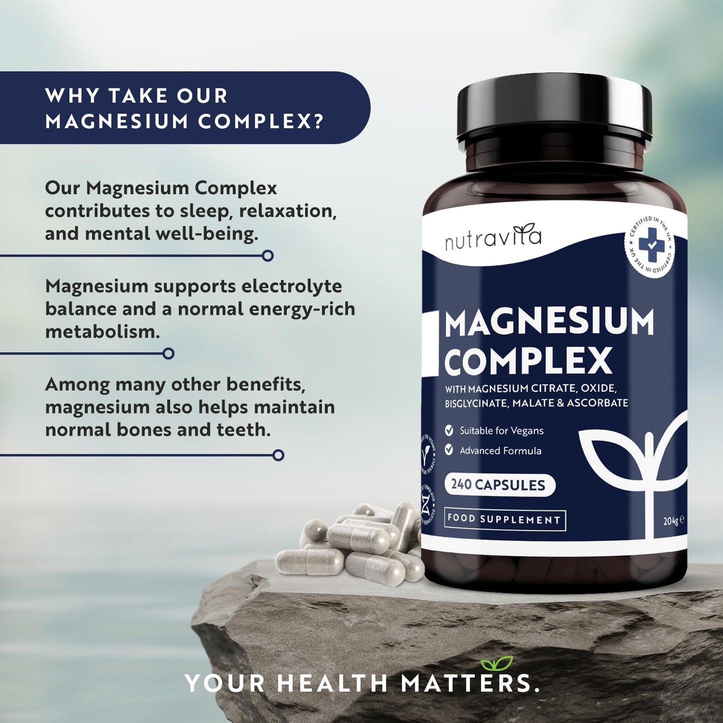 Magnesium Supplements 5-in-1 Complex 1146mg - 240 Vegan High Strength Capsules - 400mg Elemental Magnesium - Bis Glycinate, Citrate, Malate, Oxide, Ascorbate - Muscle Support & Sleep Aid - Nutravita