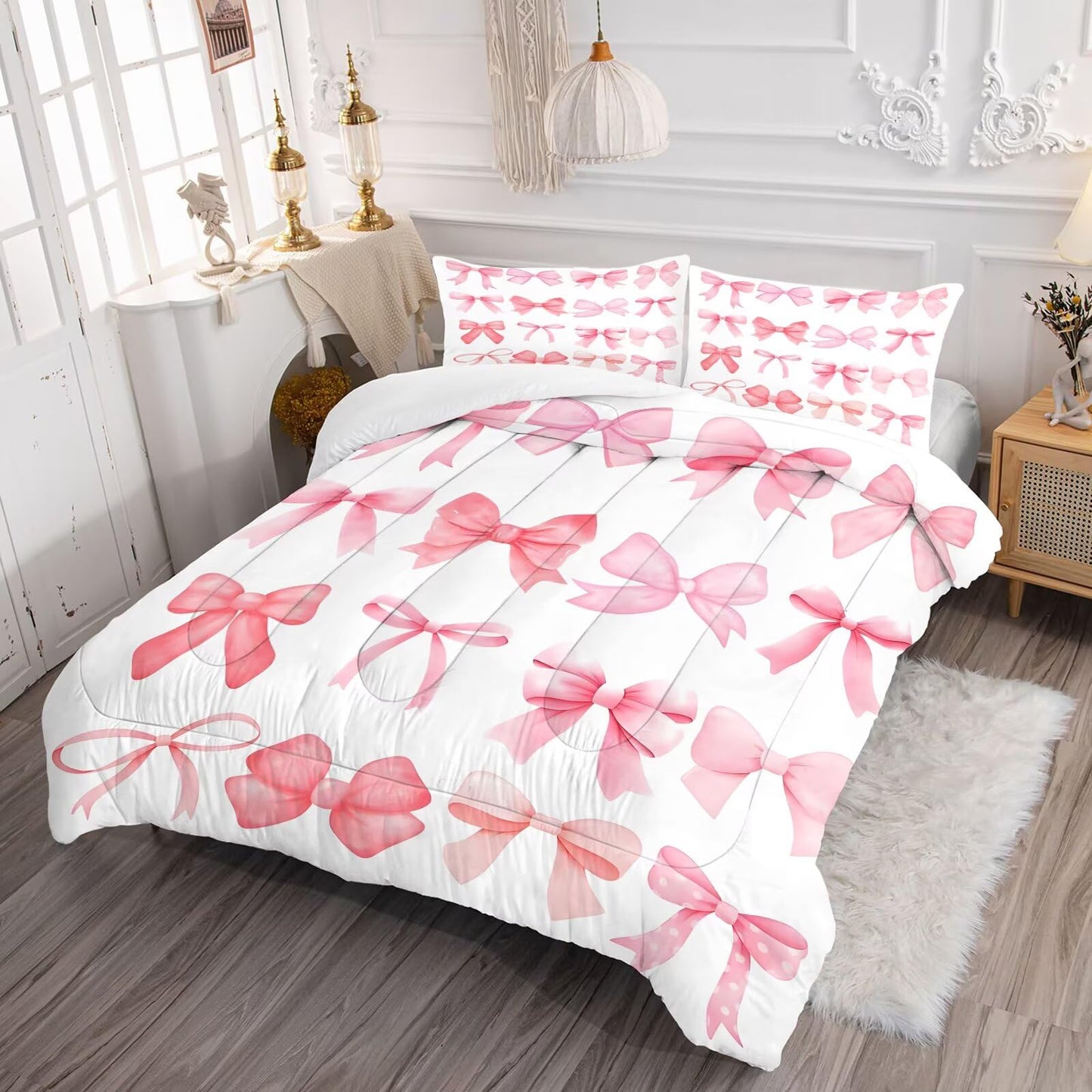 DJNEAR Pink and White Bow Comforter Set Twin Size Cute Girls Bedding Sets for Kids Women Adults Bedroom Kawaii Bowknot Quilt Room Decor 1 Comforter 1 Pillowcase