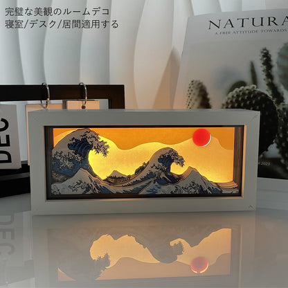 VGQ Hokusai The Great Wave 3D Paper Carving LED Night Light – Shadow Box Lamp, USB & Battery Powered Decorative Light for Bedroom & Living Room, Aesthetic Room Decor & Ideal Gift for Art Lovers