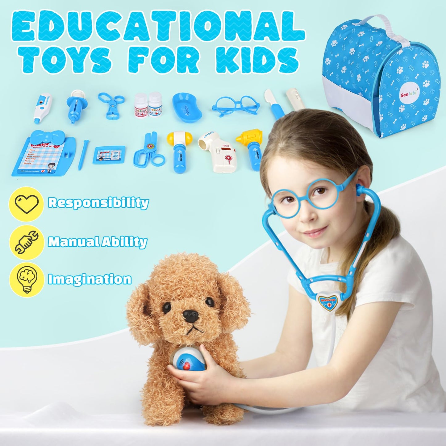 Sanlebi Doctors Set for Kids - Children Pet Vet Care Play Set with Doctor Costume, Plush Dog, Pretend Role Play Medical Kit Toys Gifts for 3 4 5 6 Year Old Girls (Blue)