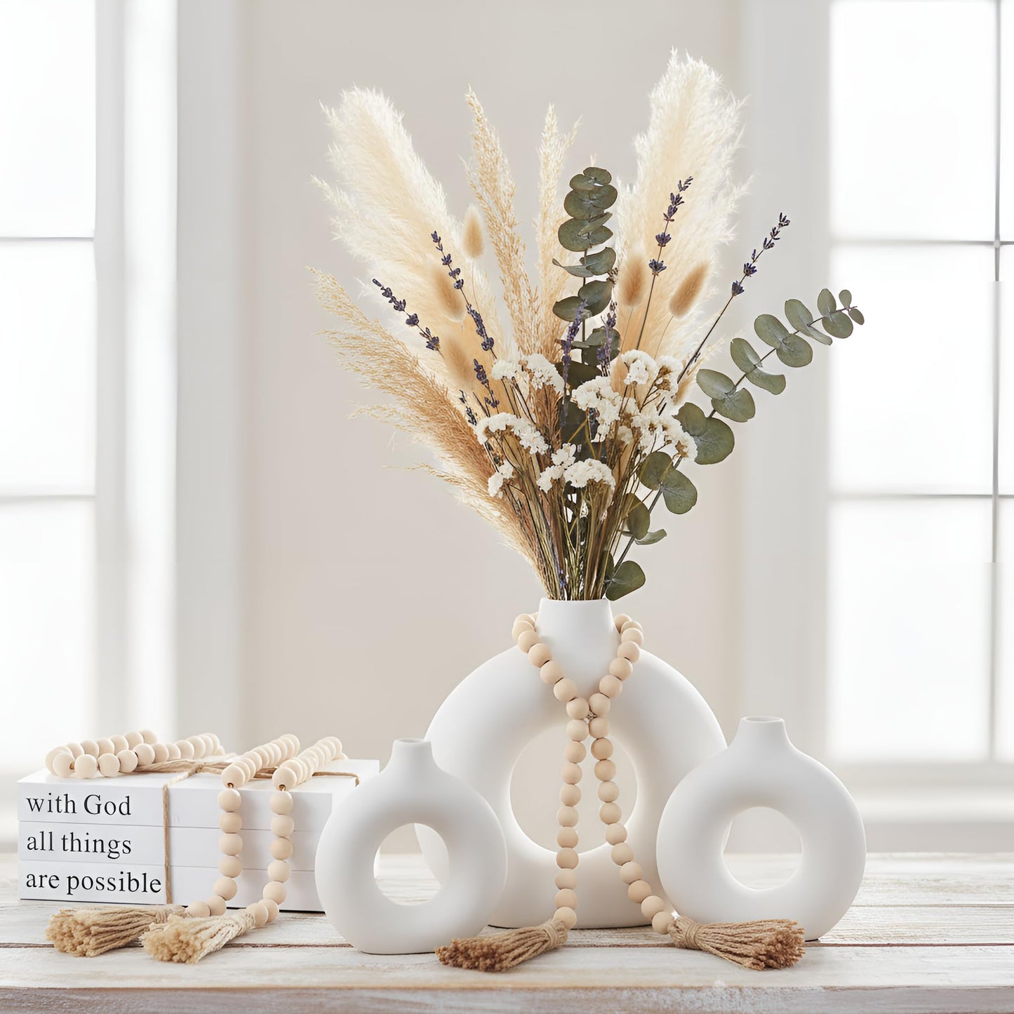 Reallnaive 8 Pcs Rustic Vase Centerpieces Set Included Boho Ceramic Vase Decorative Books Wood Bead Garland with Tassels for Farmhouse Table Island Living Room Decor(with God All Things are Possible)