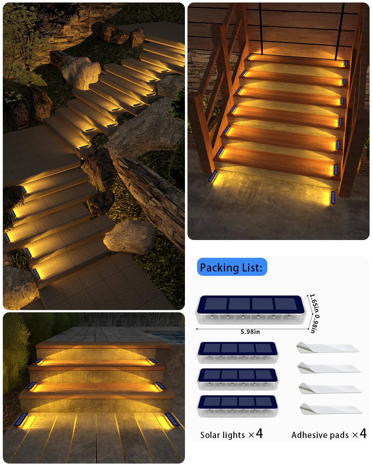 DetarZinLED Solar Lights Outdoor Garden, 4-Pack Waterproof Decking Lights Warm White, 1000mAh Battery & 8-10H Auto Lighting Solar Step Light for Stairs Dock Patio Path Driveway