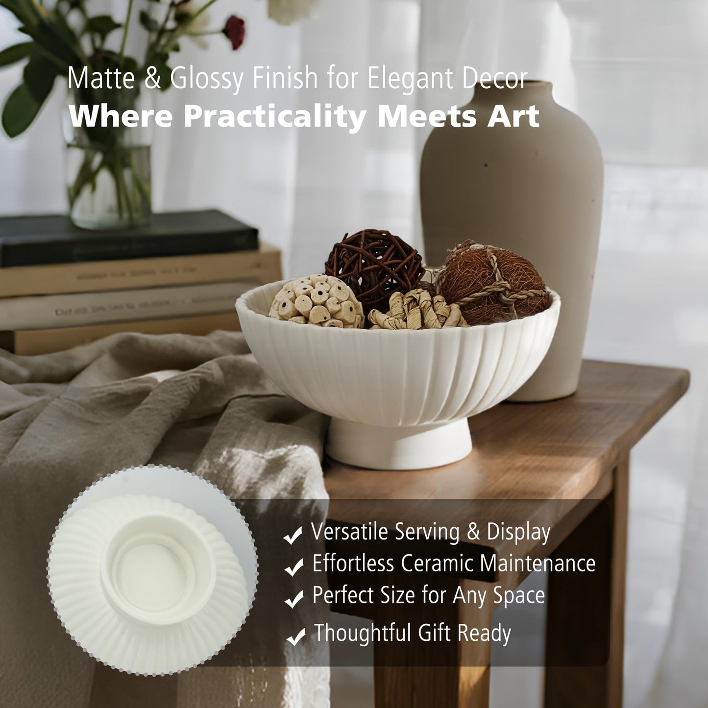 Modern 8 Inch White Ceramic Fruit Bowl - Small Footed Pedestal Fruit Bowl for Kitchen Counter, Farmhouse Chic Centerpiece for Dining Coffee Table & Home Decor,Key Ruffle Bowl for Entryway Table ﻿