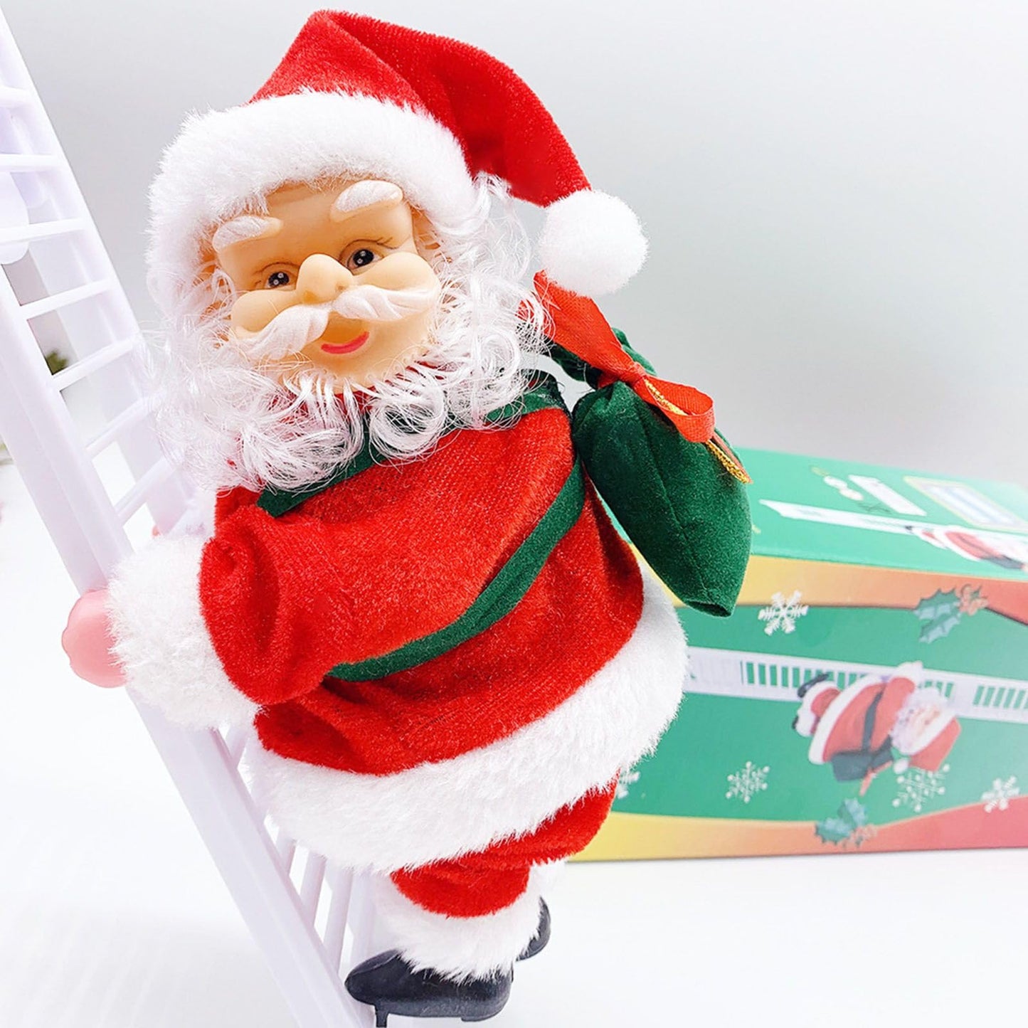 QUAAM Electric Santa Claus Climbing Ladder, Santa Claus on Ladder with Music - Christmas Tree Hanging Ornaments (White)