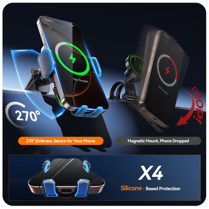 Auckly Qi 15W Car Phone Holder Wireless Charger, [270 ° Automatic Clamping], Wireless Car Charger Mount, Air Vent, for iPhone 11 12 13 14 15 16 Series & Samsung, Electromagnetic Induction, Black