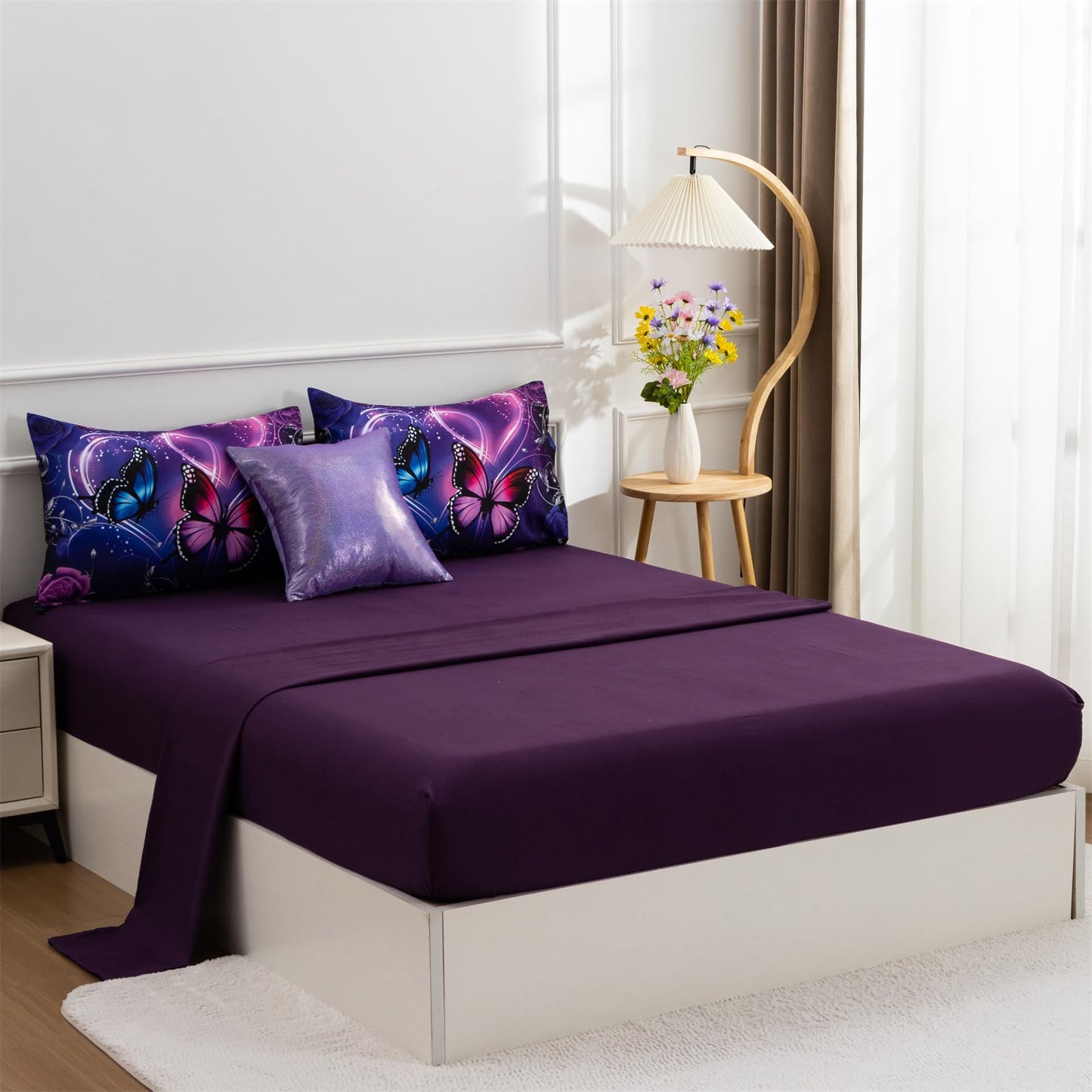 A Nice Night Galaxy 6pcs Bed in A Bag Purple and Blue Dreamy 3D Butterfly Printed, Butterflies Bedding Twin Comforter Set, for Girls Kids Teens
