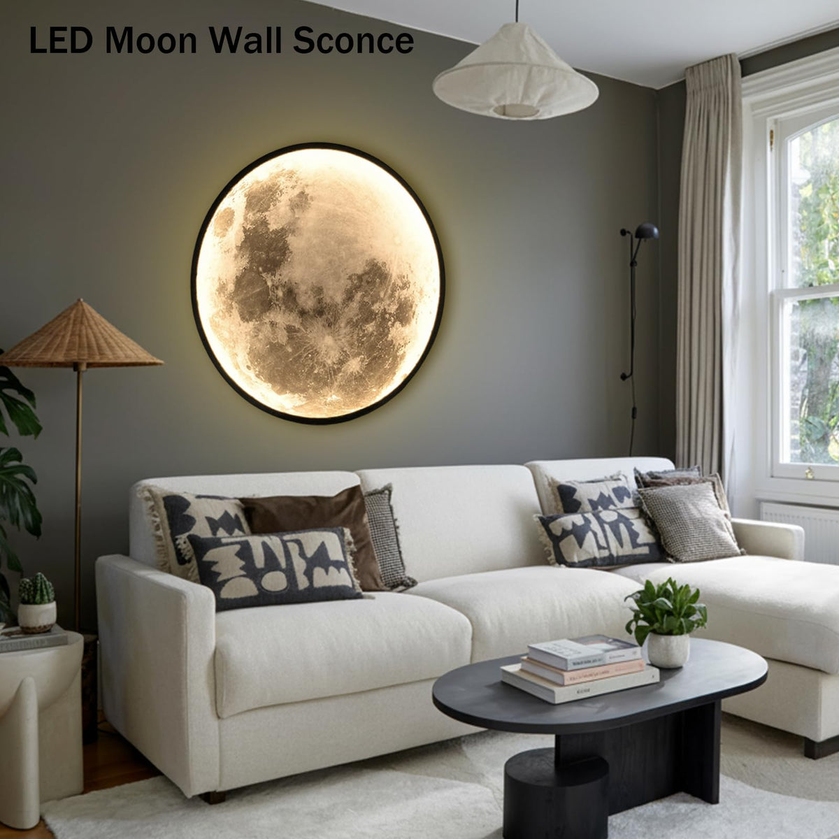 Clcmber Dimmable Moon Wall Light 31.5 Inch Indoor Plug in LED Wall Sconce with Remote Control Black Modern Wall Lamps for Bedroon Living Room Decor Lighted Wall Art