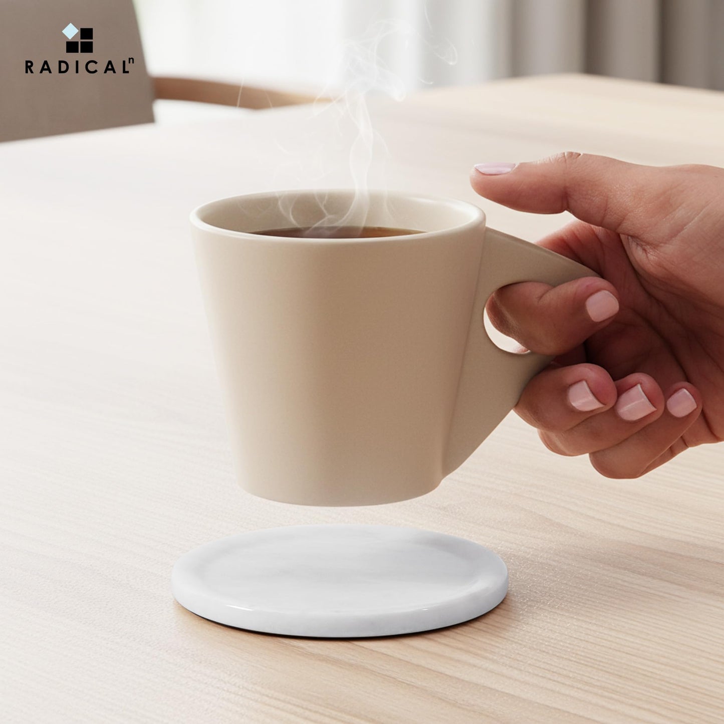 Radicaln White Marble Coasters Set of 4 Handmade 3.5" Inch Round Coasters for Drinks, Elegant Coaster Set with Holder for Dining and Coffee Tables