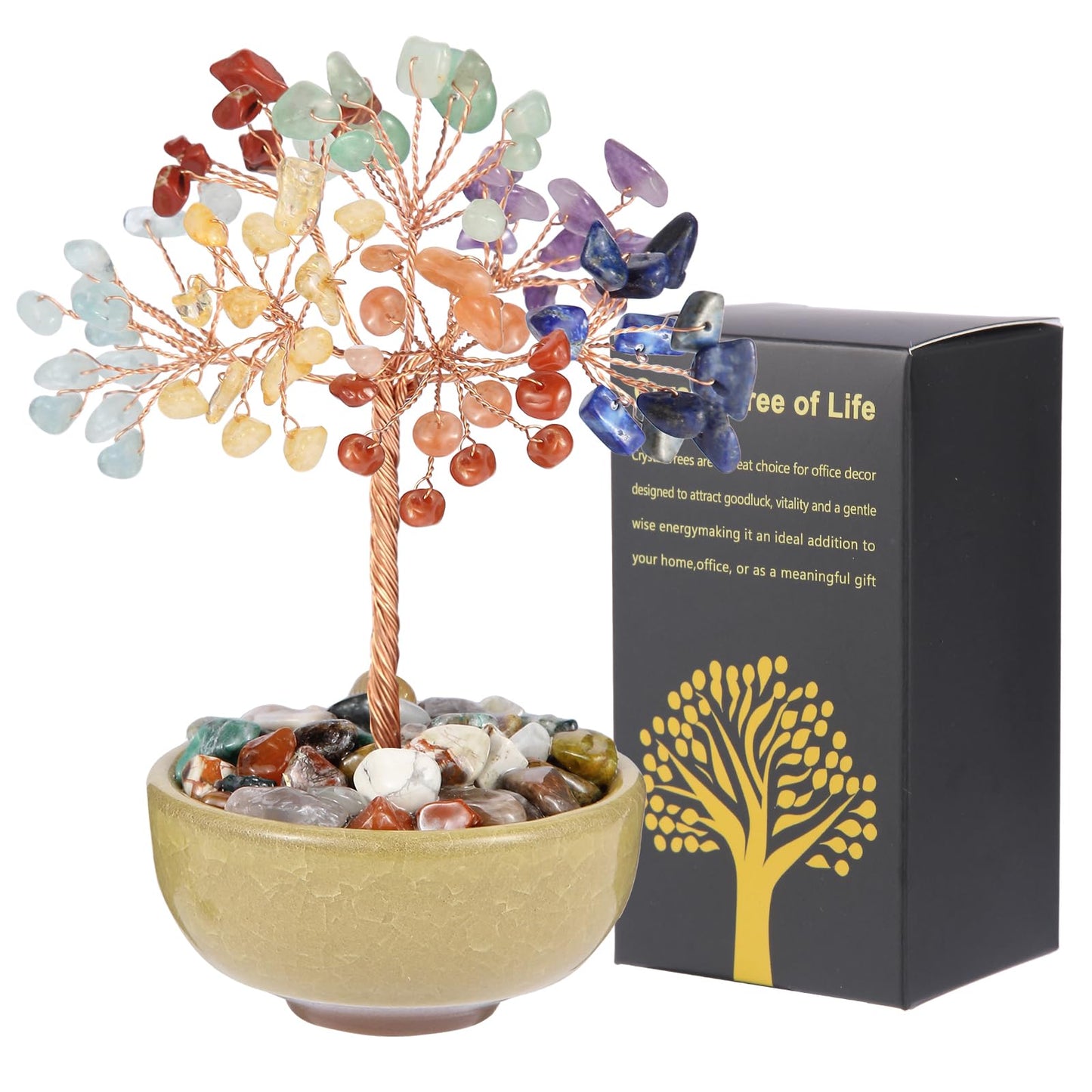 7 Chakra Crystal Tree with Ceramic Base,Natural Gemstone Feng Shui Money Tree for Wealth,Good Luck & Positive Energy,Handmade 5 Inch Healing Abundance Bonsai for Home Office Decor