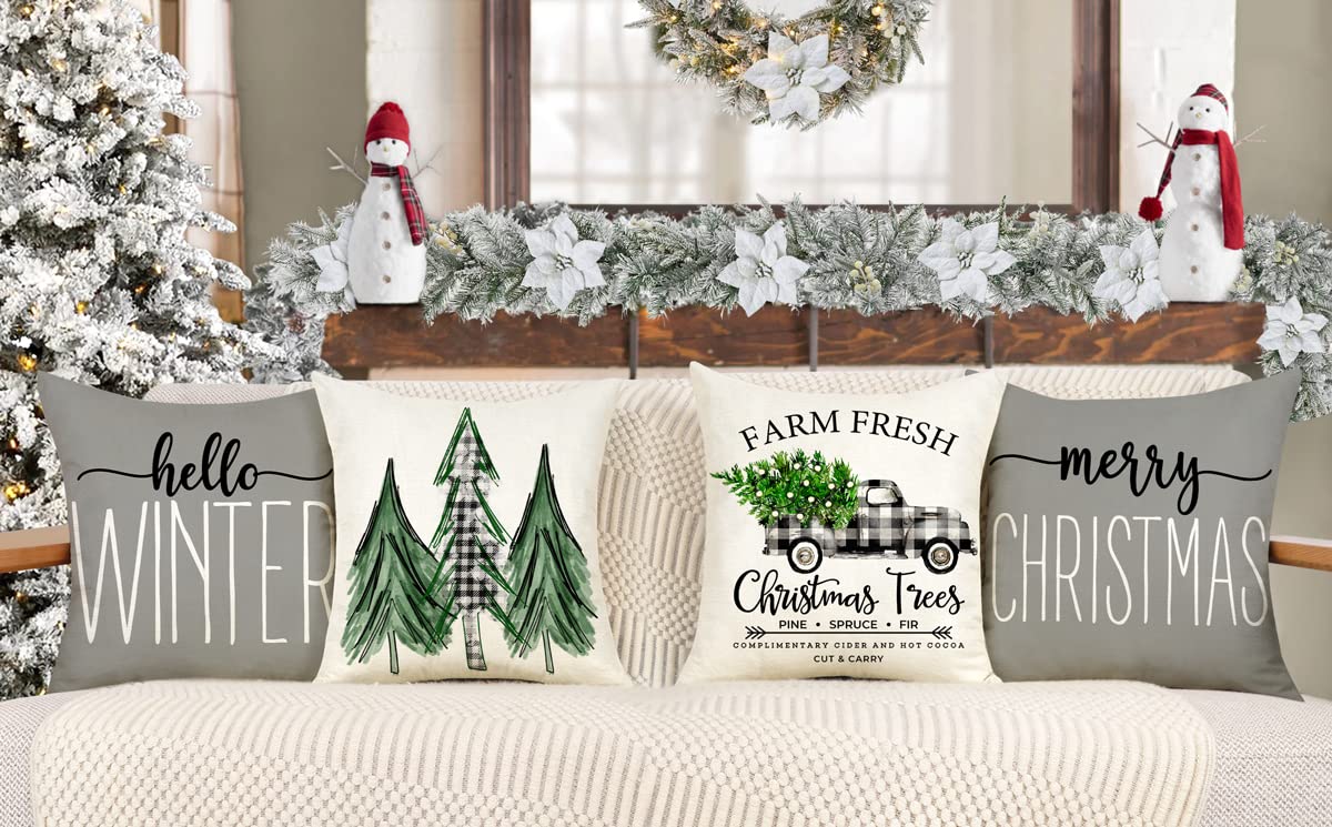 4TH Emotion Gray Christmas Pillow Covers 18x18 Set of 4 Farmhouse Decorations Merry Tree Truck Hello Winter Holiday Decor Throw Cushion Case for Home Couch S22C19