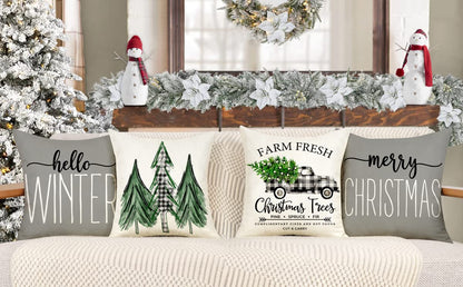 4TH Emotion Gray Christmas Pillow Covers 18x18 Set of 4 Farmhouse Decorations Merry Tree Truck Hello Winter Holiday Decor Throw Cushion Case for Home Couch S22C19