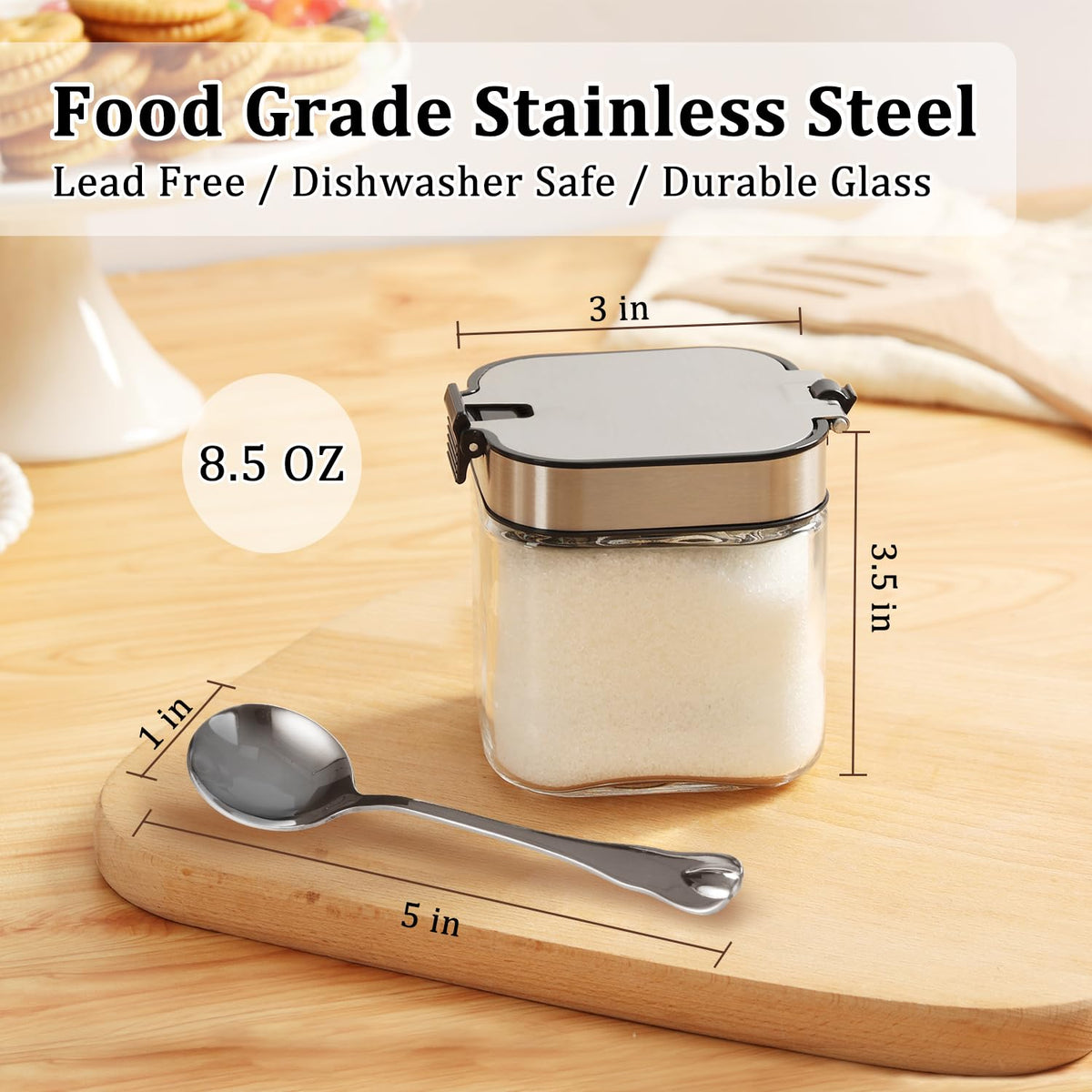 Aelga Glass Sugar Bowl with Lid and Spoon, 8.5 OZ Sugar Container Stainless Steel Flip Lid, Salt Container for Kitchen, Coffer Bar Accessories, Countertop