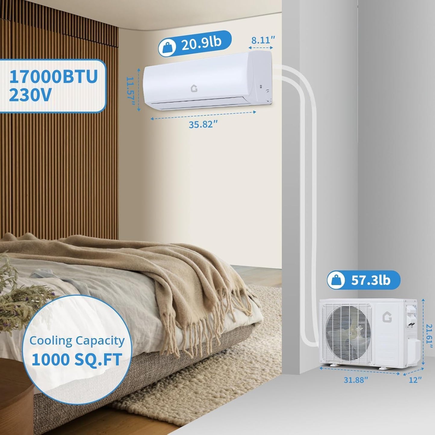 17000 BTU Mini Split Air Conditioner, 230V WIFI Enabled Inverter Air Conditioner & Heater Pump System Cools Up to 1250 Sq. Ft, Installation Kits & Heat Pump