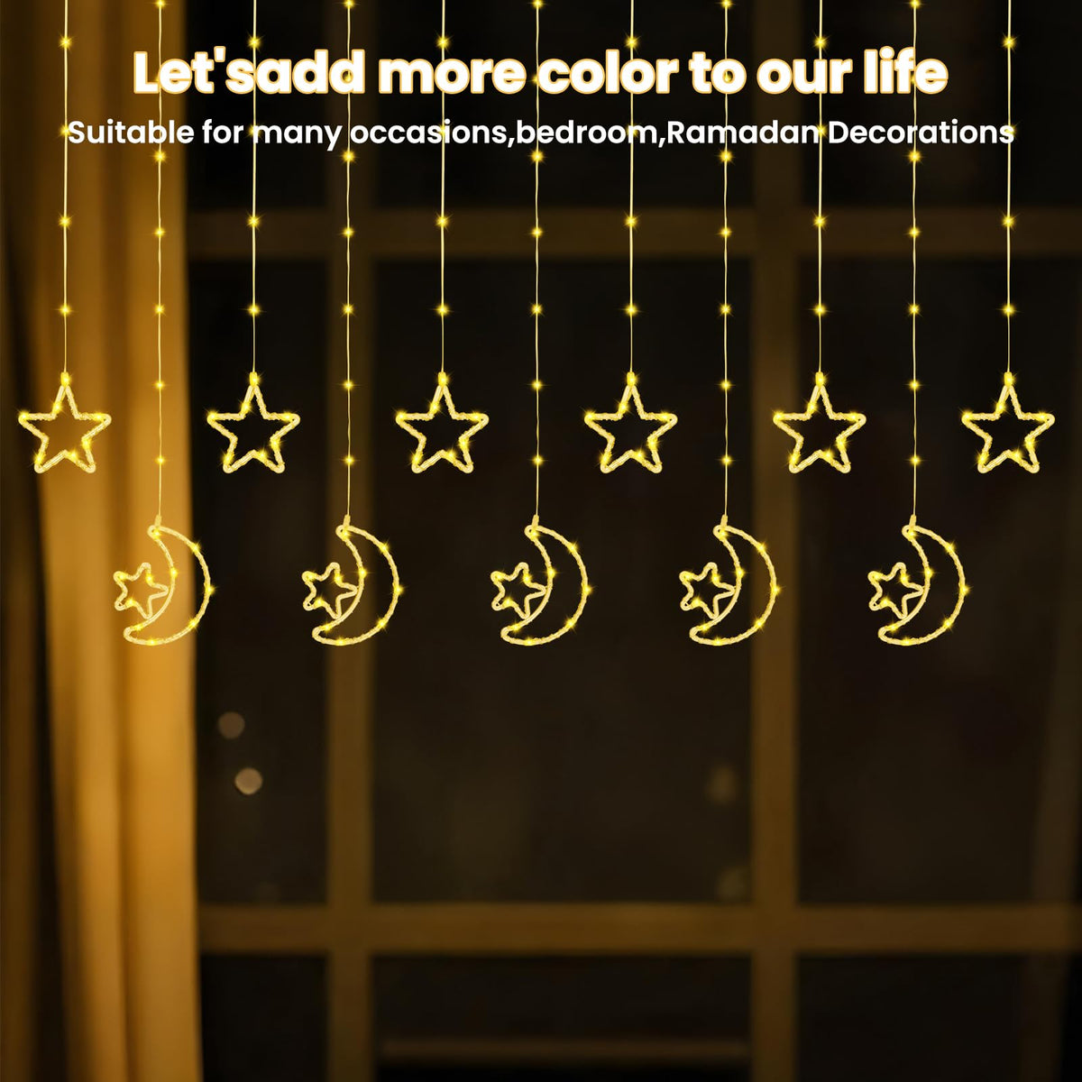 BomKra 130 LED Star Moon Curtain Decorative Lights, Ramadan Window Curtain Fairy String Lights, Remote Control & USB Plug, 8 Lighting Modes, for Indoor, Home Holiday, Party, Ramadan Decorations