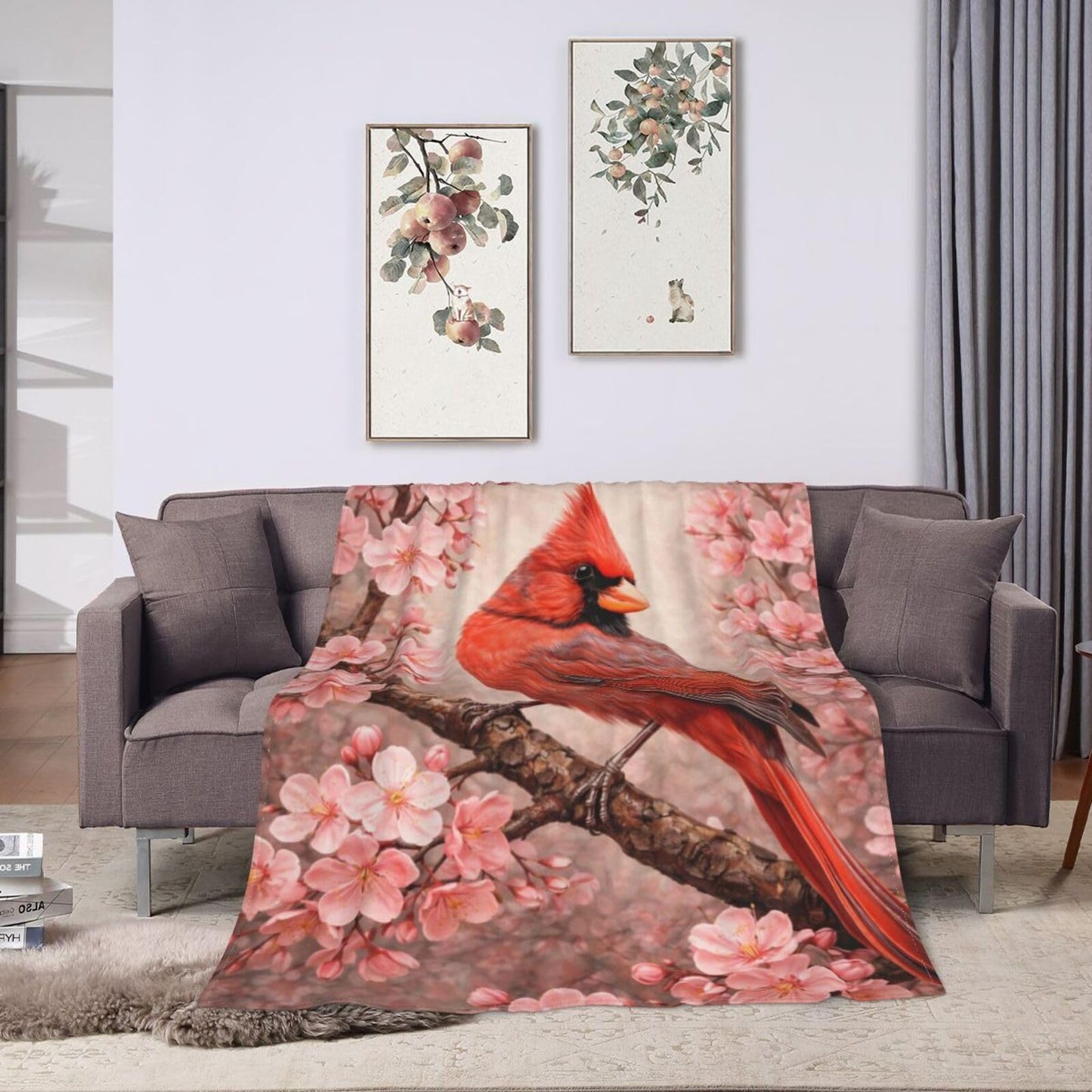 Qycazzw Cardinal Blanket Gifts for Women Kids, Bird Floral Flannel Blankets, Warm Cozy Soft Throw for Bedroom, Camping, Couch, Decor 50x60 in