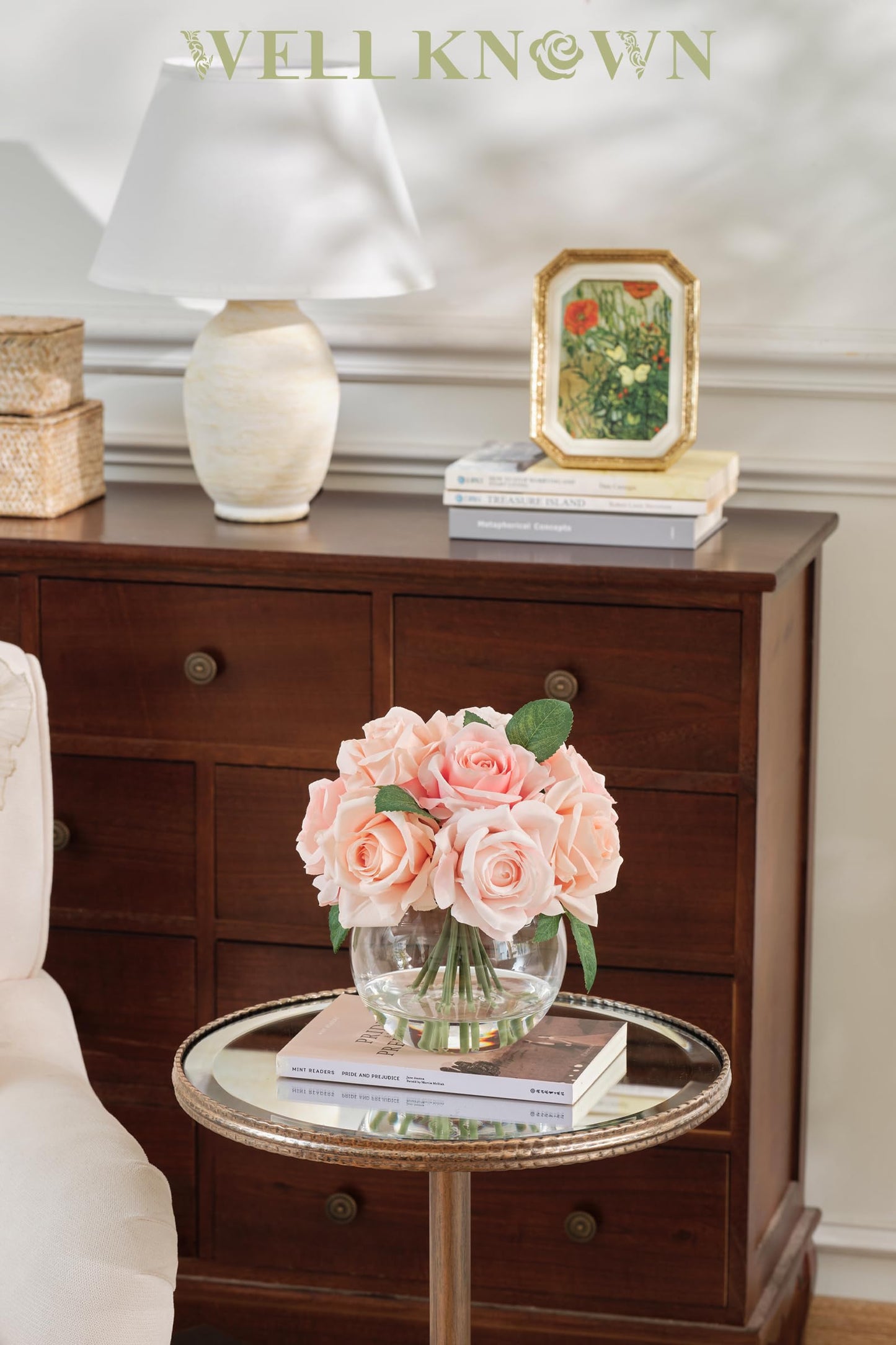 WELL KNOWN Artificial Flowers with Vase, Silk Rose Artificial Flowers Table Centerpieces with Faux Water for Home Decoration Fake Roses Flower Arrangements for Table Decor (Pink)