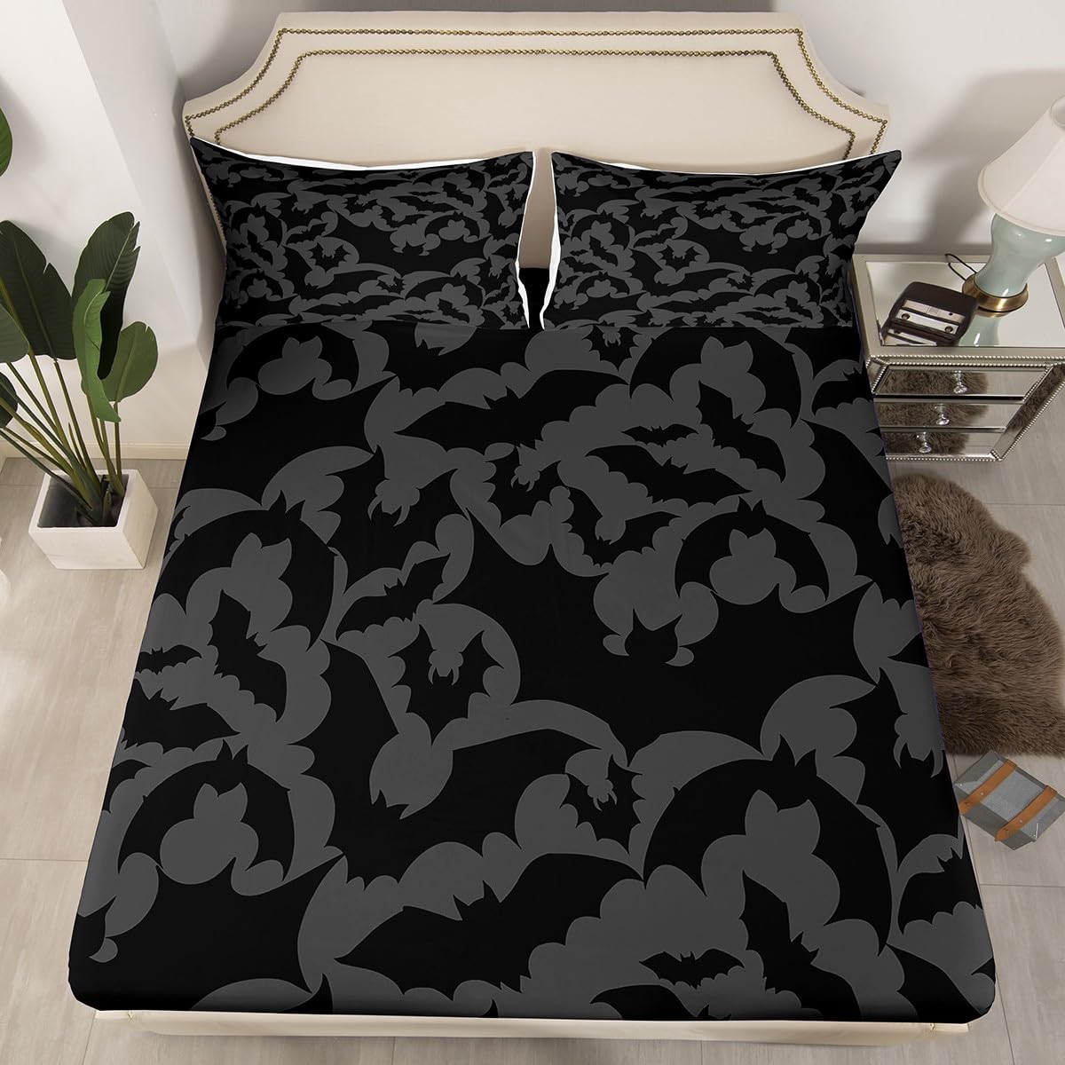 Castle Fairy Halloween Themed Bed Sheet Set for Boys Girls,Black Bats Animal Print Bed Sheet Set Full Size Bedding Set,Dark Grey Color Fitted Sheet and 1 Flat, 2 Pillow Sham