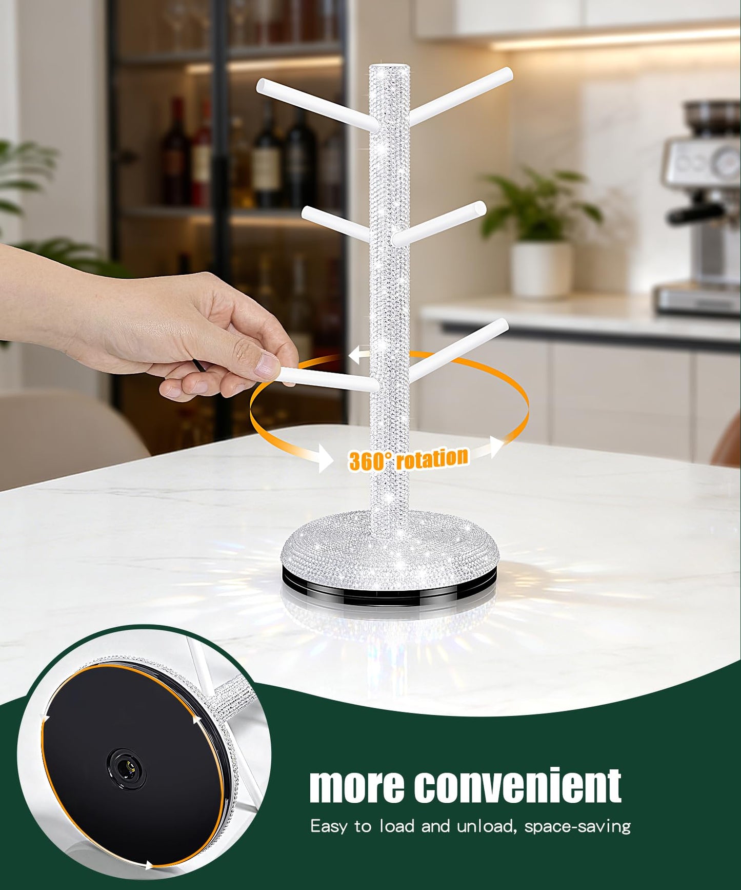 Mulixis Bling Mug Holder Tree, 360° Rotation Coffee Cup Holder with 6 Hooks Crystal Rhinestone Mug Tree Rack Aesthetic Design Home Organization（White）