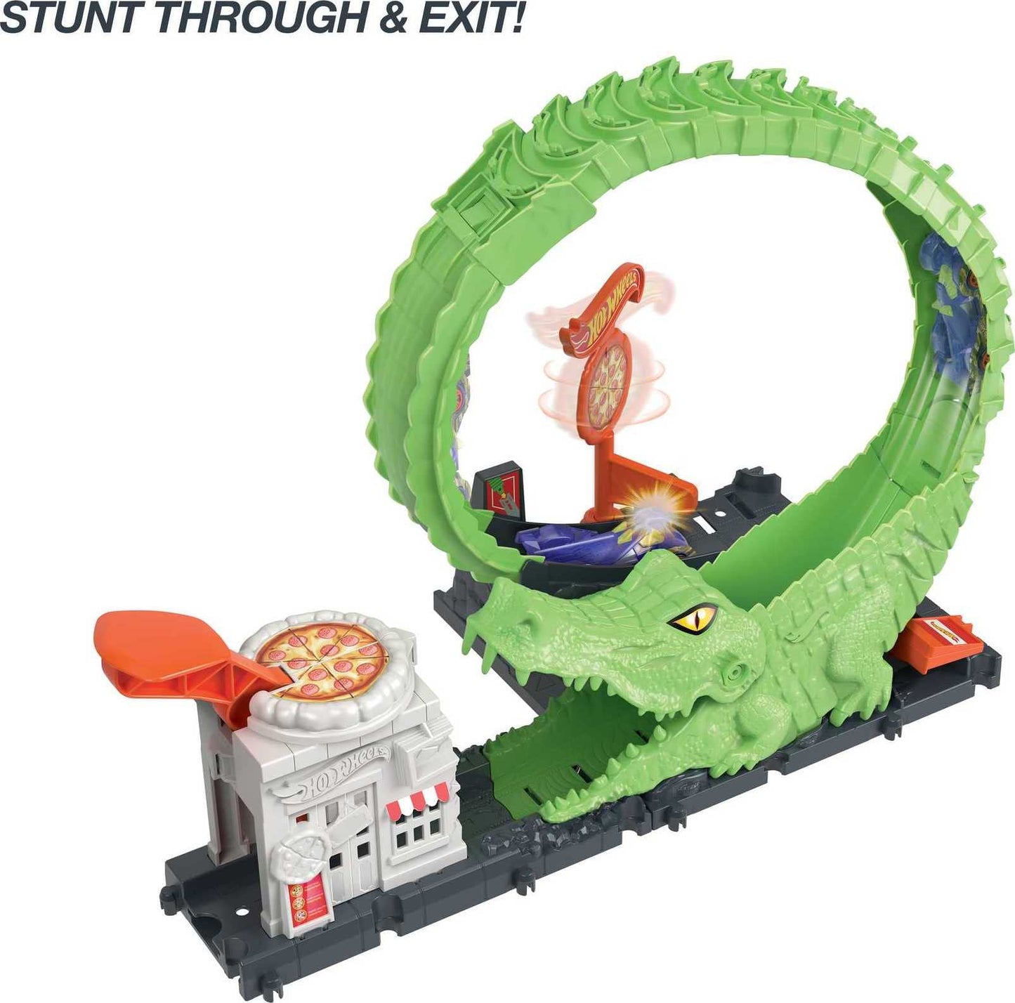 Hot Wheels Track Set with 1 Hot Wheels Car, Adjustable Track that Connects to Other Sets, Gator Loop Pizza Place Playset, HKX39