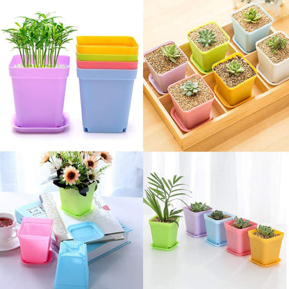 KAHEIGN 24Pcs Square Plant Pots, 7cm Thicken Plastic Flower Pots Succulent Planter Nursery Pots with Pallet/Trays for Small Potted Plants (6 Colors)
