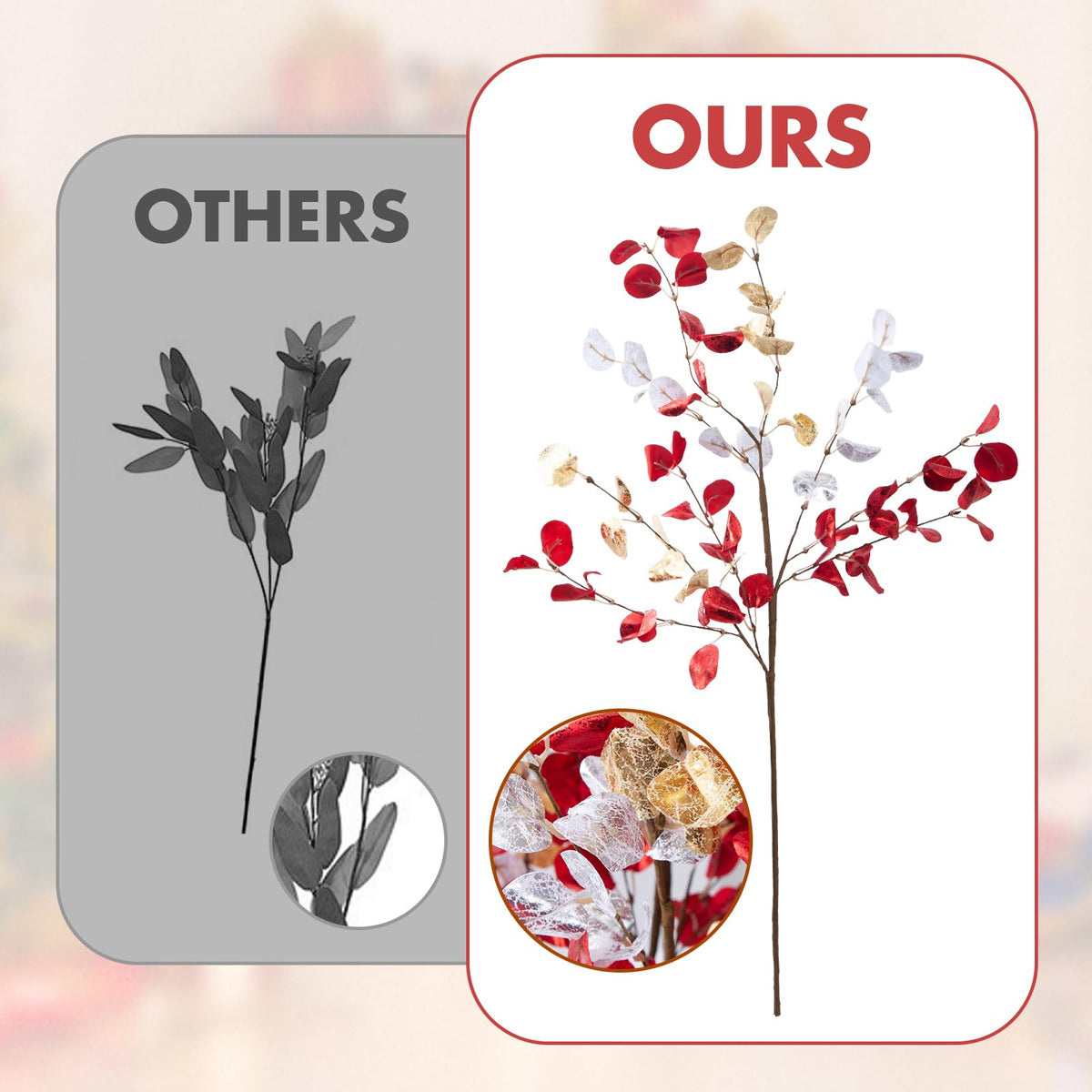 Voqoza 6pcs Eucalyptus Stems Fake Red Gold Silvery Christmas Decorations Leaves Artificial Silk Flowers Bouquet Faux Branches Centerpiece Flores Plants for Home Party Decor Wedding Decoration