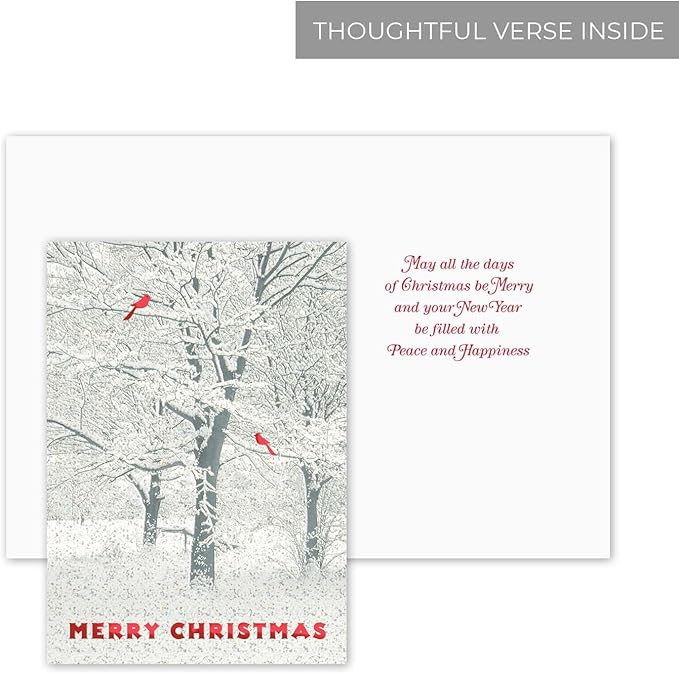 Masterpiece Snowy Trees And Cardinals Christmas Cards / 15 Winter Holiday Cards Set With Glitter And Red Foil With White Envelopes / 5 5/8" x 7 7/8" Sparkling Snow Greeting Cards With Inside Verse