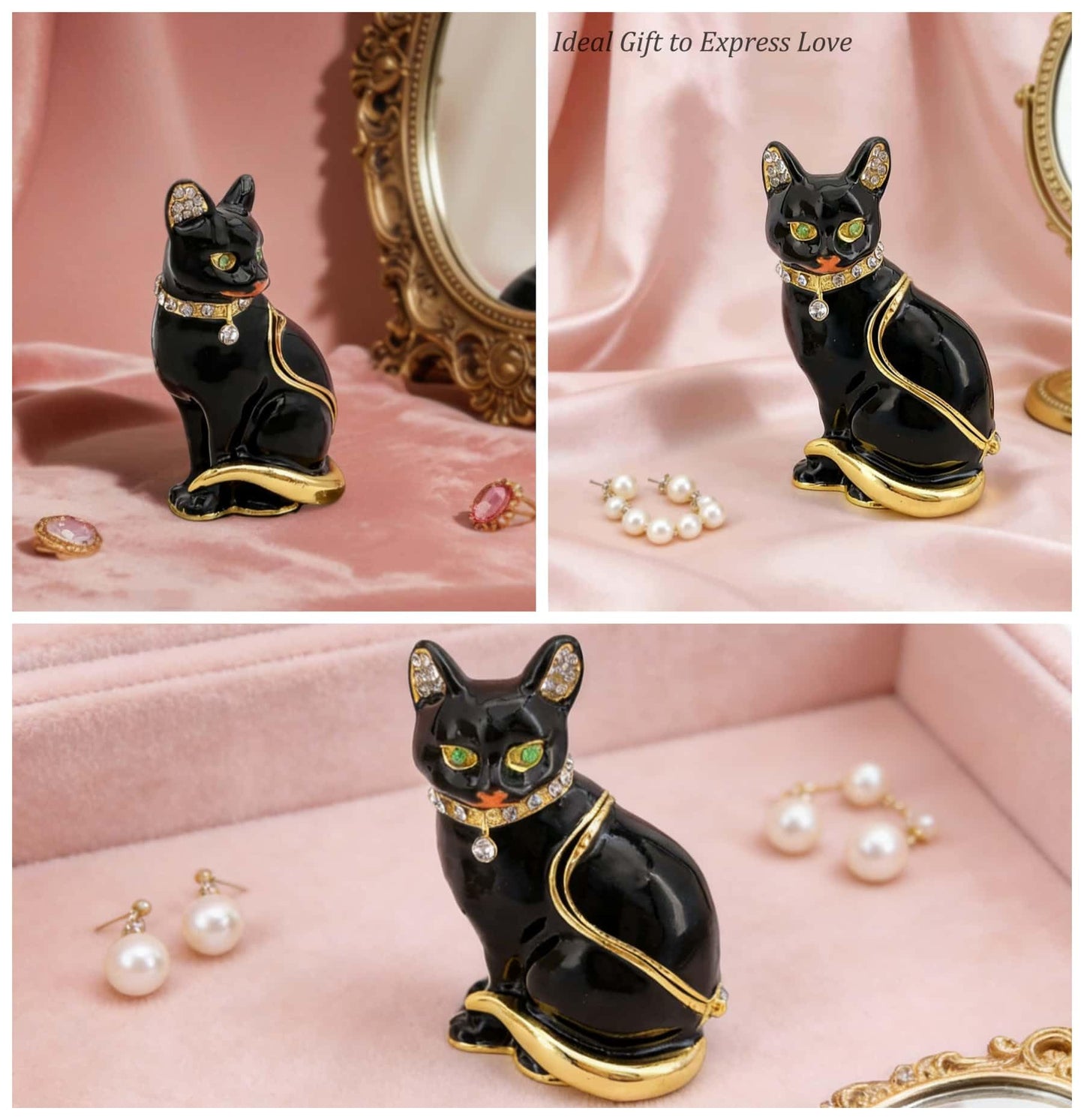 JWT Astyle Luxury Black Cat Hinged Jewelry Box with Crystals.Hand Painted Cat Figurine Trinket Box .Classic Animal Designs.Rings Earrings Necklace Storage Box, Cat Home Decor Gift