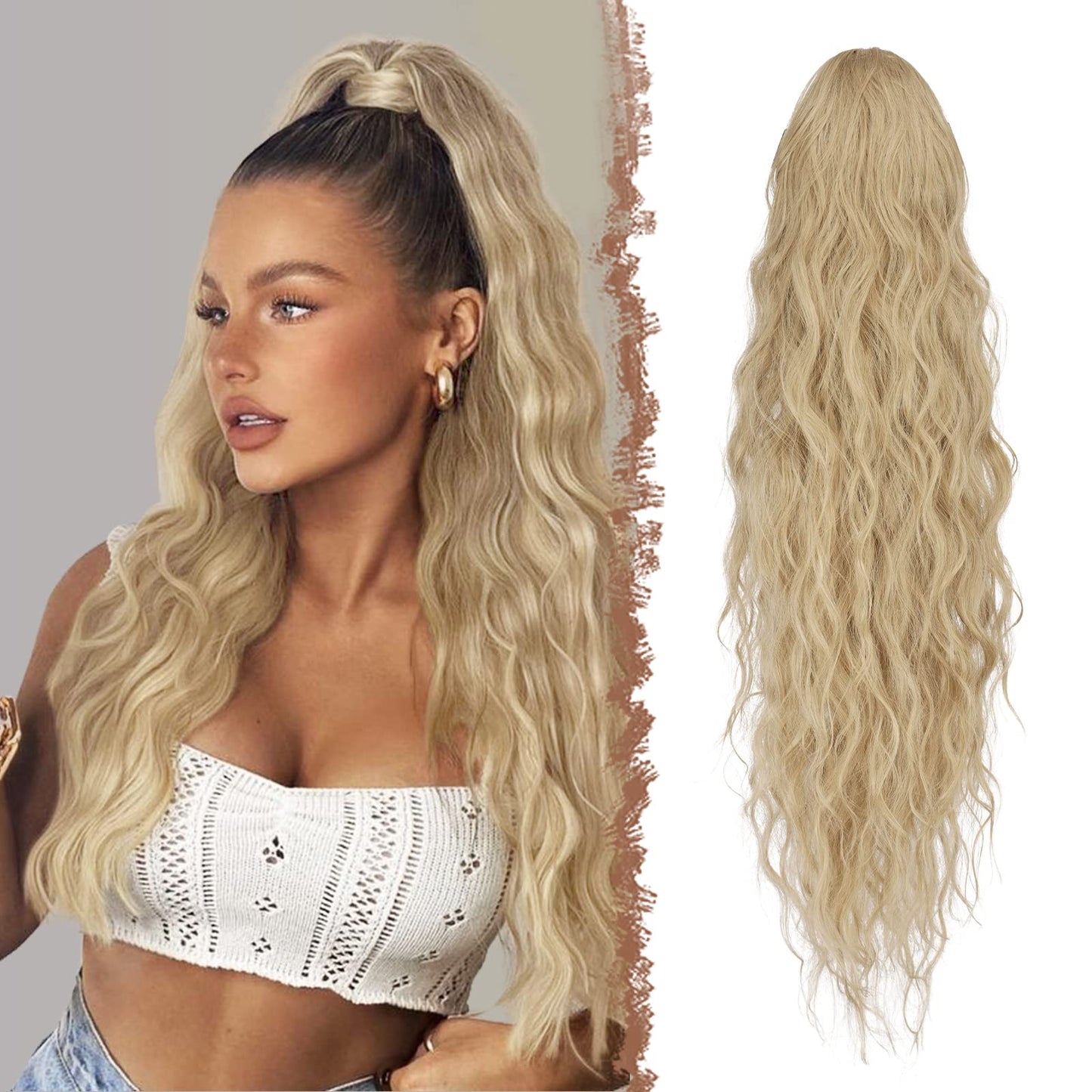 FESHFEN Long Curly Wavy Drawstring Ponytail Extensions Clip in Wavy Synthetic Hairpieces Ash Blonde Drawstring Ponytail Curly Hair Piece Pony Tail Extension for Women, 26 inch