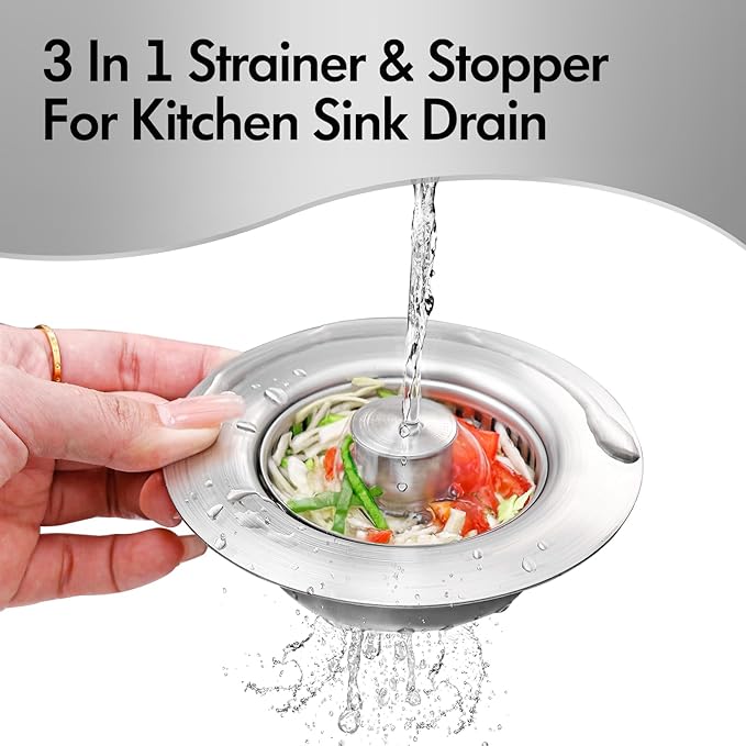 3 in 1 Kitchen Sink Drain Strainer & Sink Stopper, 304 Stainless Steel Pop Up
