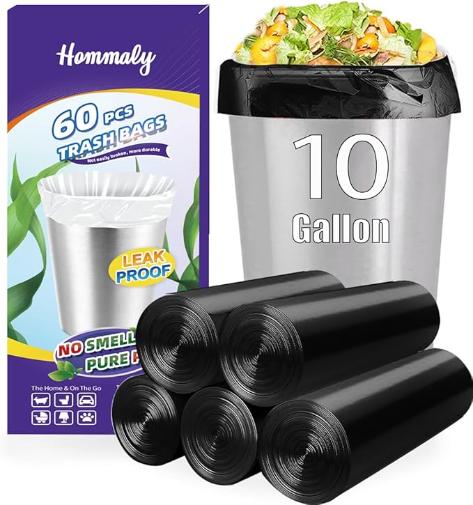 10 Gallon 60pcs Black Trash Bags Strong Black Garbage Bags, Bathroom Trash Can