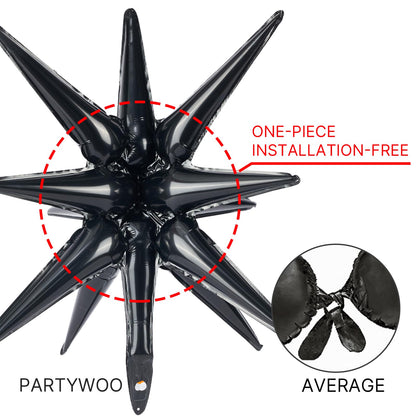 PartyWoo Black Star Foil Balloons 6pcs Different Sizes Pack of 27 22 Inch Large Black Starburst Spike Mylar Balloons for Graduation Birthday Retirement Anniversary Space Theme Party Decorations