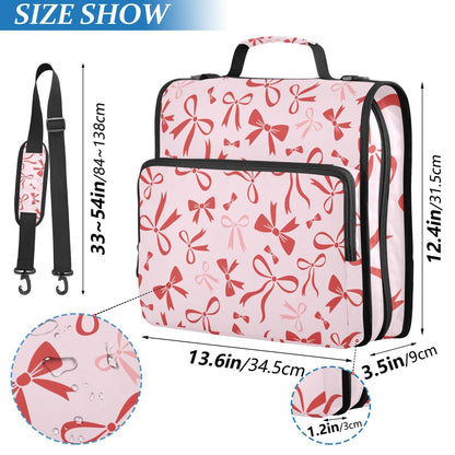 Ribbon Bow Pink Print Zipper Binder Bag 3 Ring with Shoulder Strap & Handle Multi Pocket Binder Organizer Bag Large Capacity for School Office Supplies