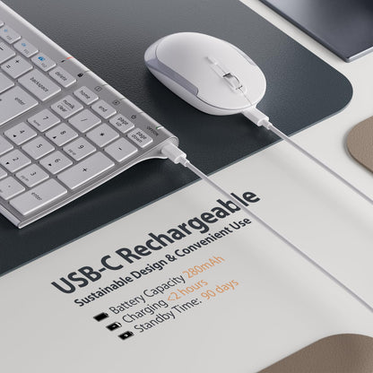 iClever GK03 Wireless Keyboard & Mouse Combo for Mac & Windows, 2.4G Rechargeable Wireless Keyboard Mouse, Silent Keys, Full Size, Portable Slim Ergonomic Design, QWERTY UK Layout, Silver and White