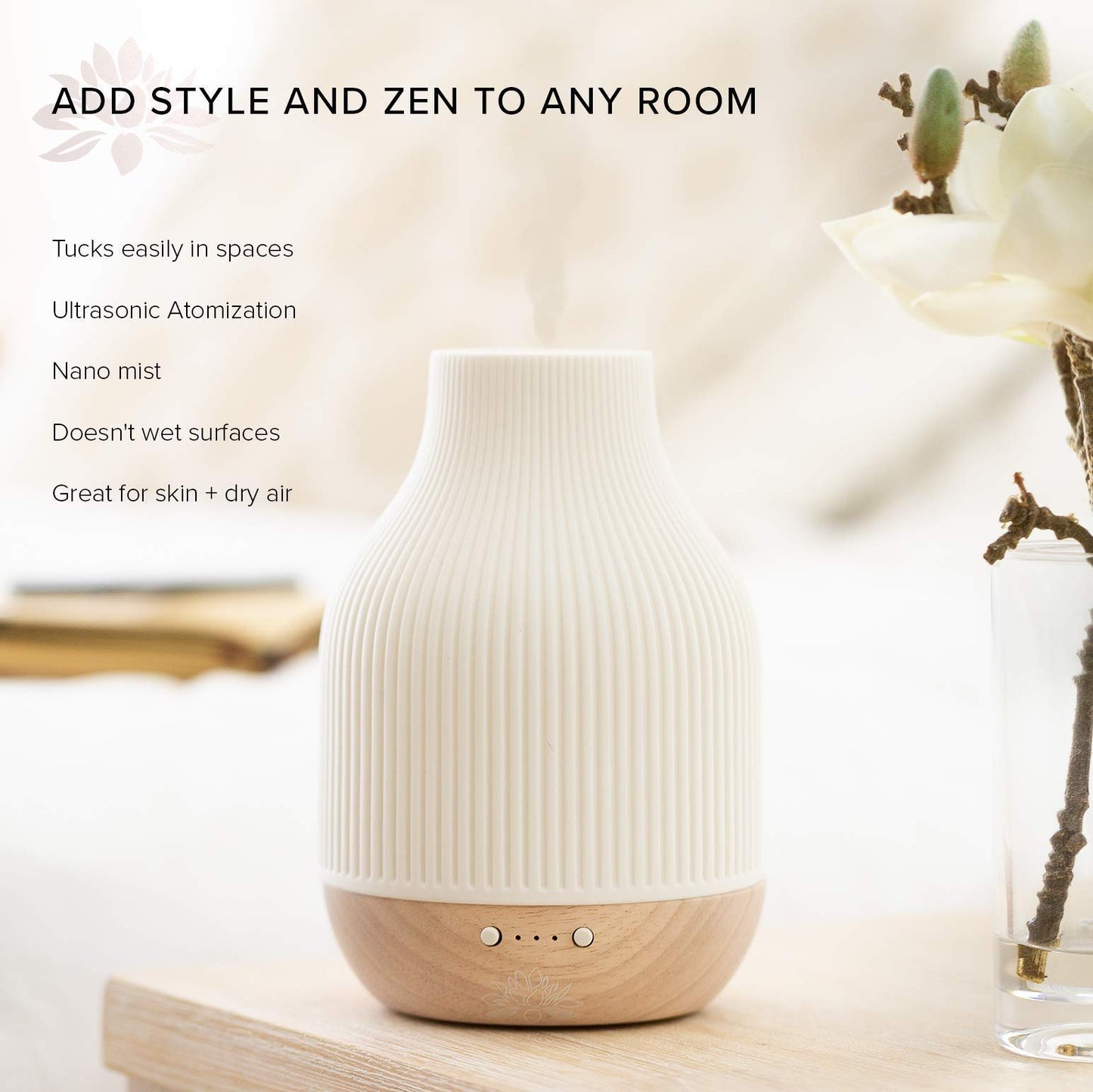 Sacred Lotus Love Ceramic Essential Oil Diffuser – Ultrasonic Aroma Diffuser with Wood Base, Ambient LED Light and Timer Settings