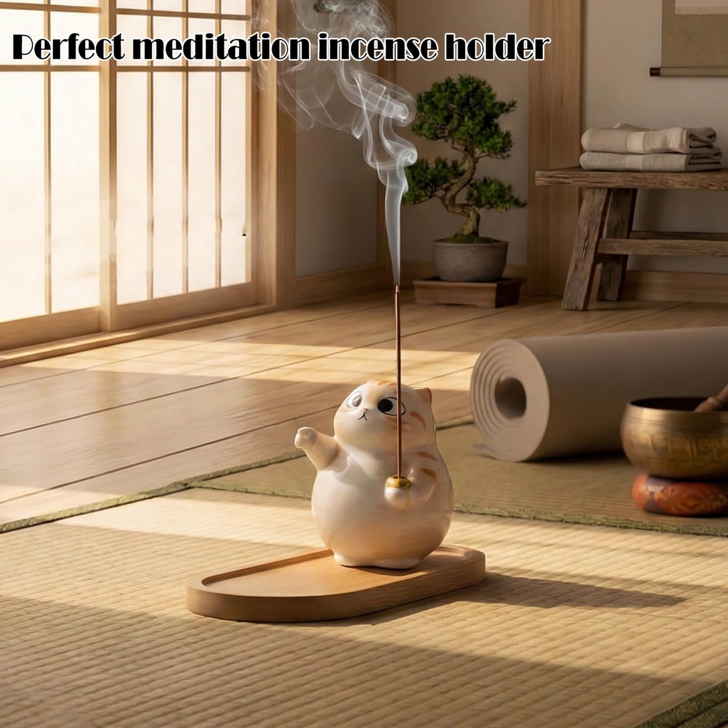 ZKSYLSM Cat Incense Holder - Cute Ceramic Incense Burner with Bamboo Ash Catcher Tray, Orange Tabby Cat Meditation Decor for Home Office, Zen Desk Accessories (3.4" L x 2.8" W x 3.5" H)