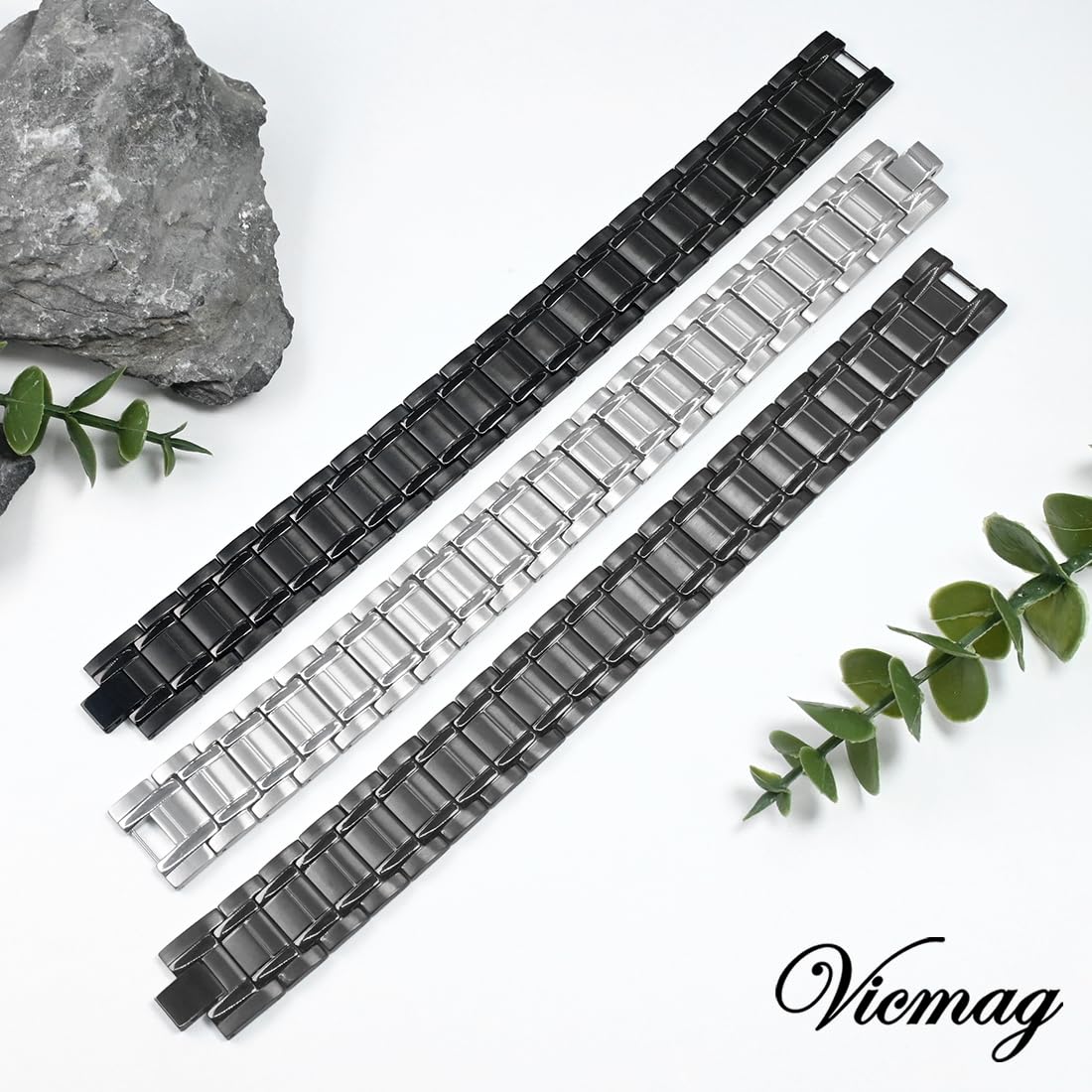 Vicmag 3X Magnetic Bracelet for Men Pure Titanium Bracelet 3500 Gauss Ultra Strength Magnets Adjustable Wristband with Adjustment Tool & Gift Box (Black)