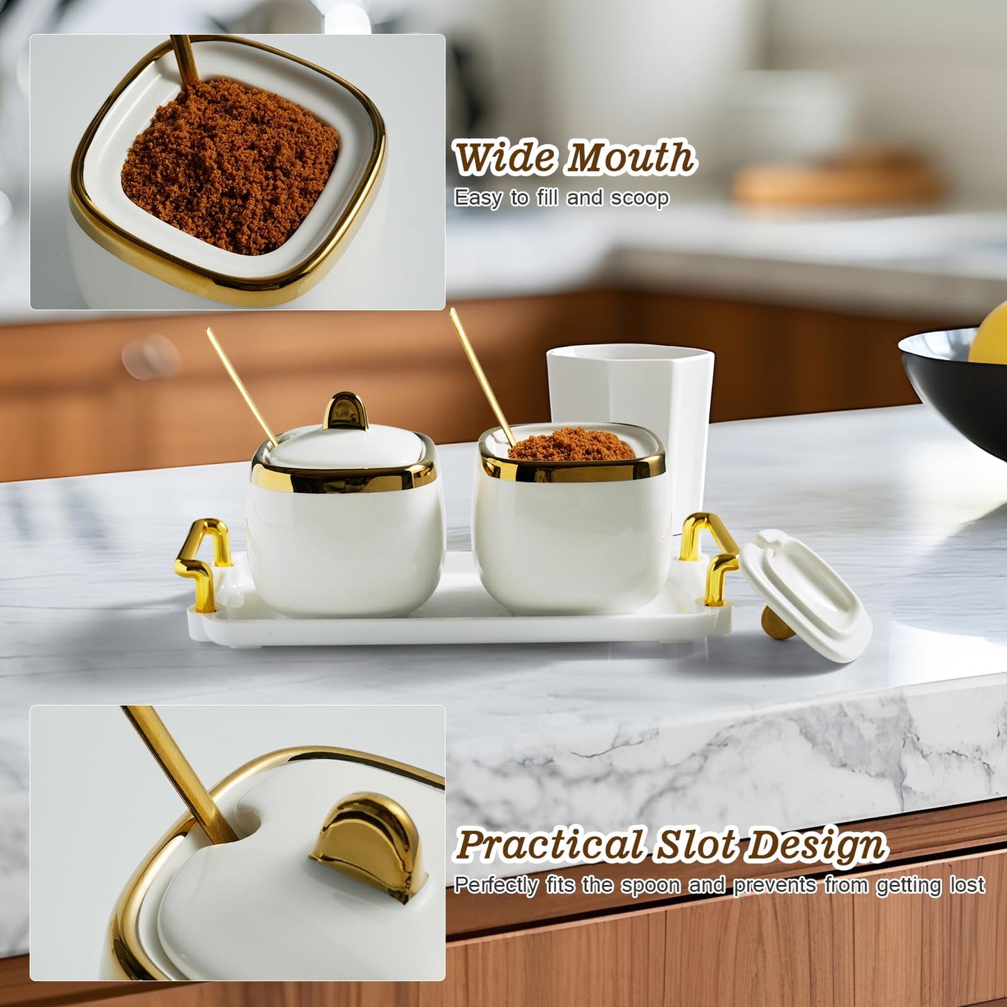 EABOSON Ceramic Sugar Bowl 2 Pack, Porcelain Seasoning Jar with Tray, Spoon and Lid for Sugar, Pepper, Coffee, Spice, Salt (Gold)