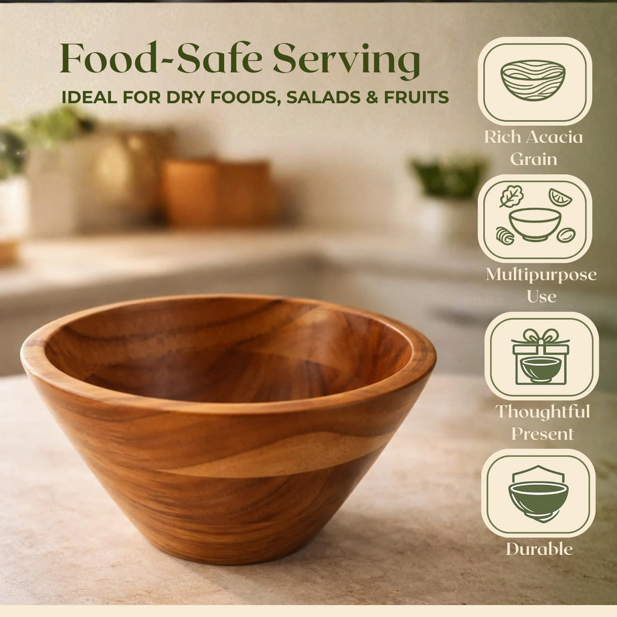 Aurah Acacia Wood Salad Bowl, 8" Diameter x 4.2" Height – Small Wooden Mixing & Serving Bowls for Salad, Pasta and Fruits – Kitchen & Outdoor Dining - Capacity 2.3 Quarts